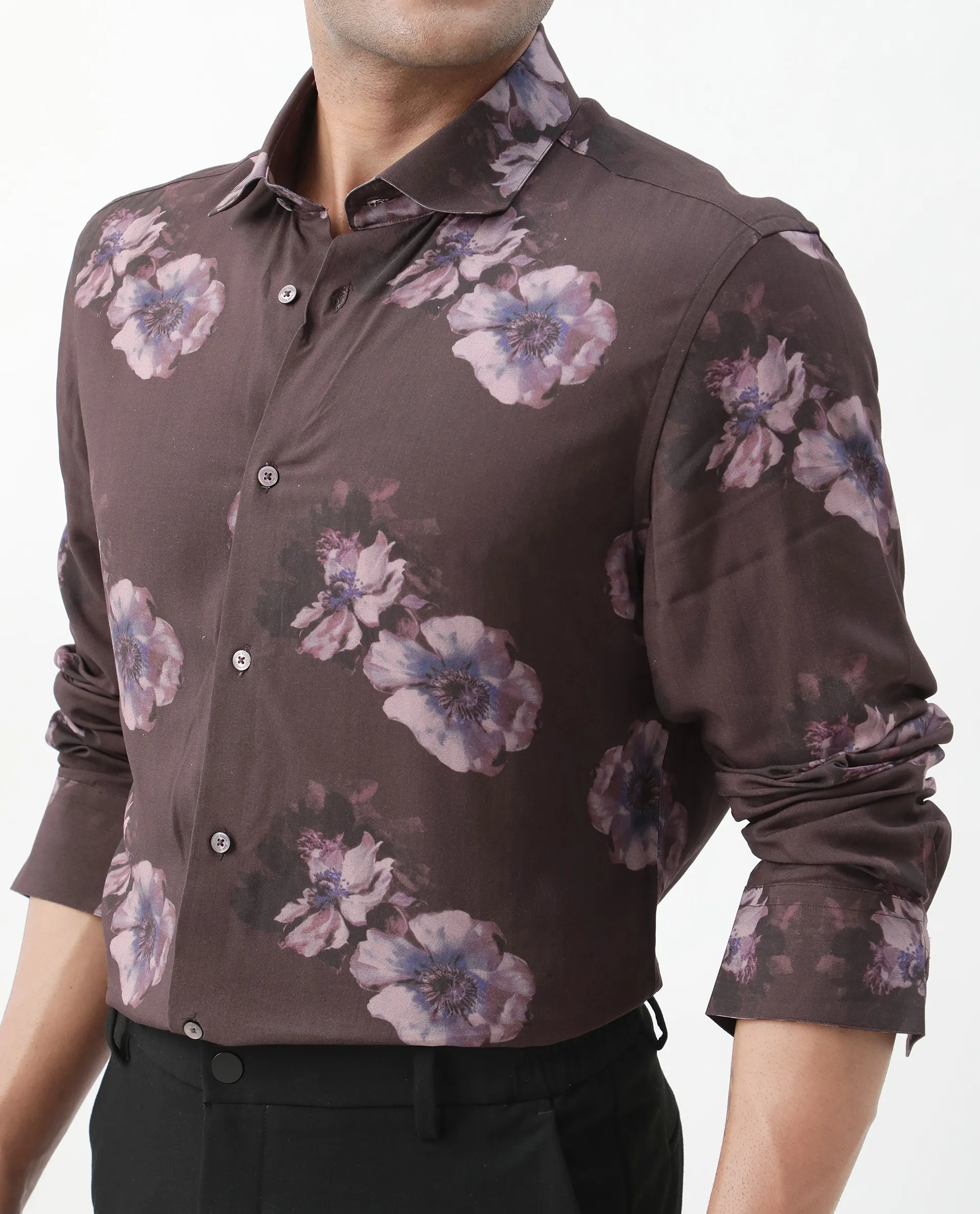 Rare Rabbit Men's Ruds Brown Viscose Floral Print Regular Fit Full Sleeve Collared Shirt - Image 5