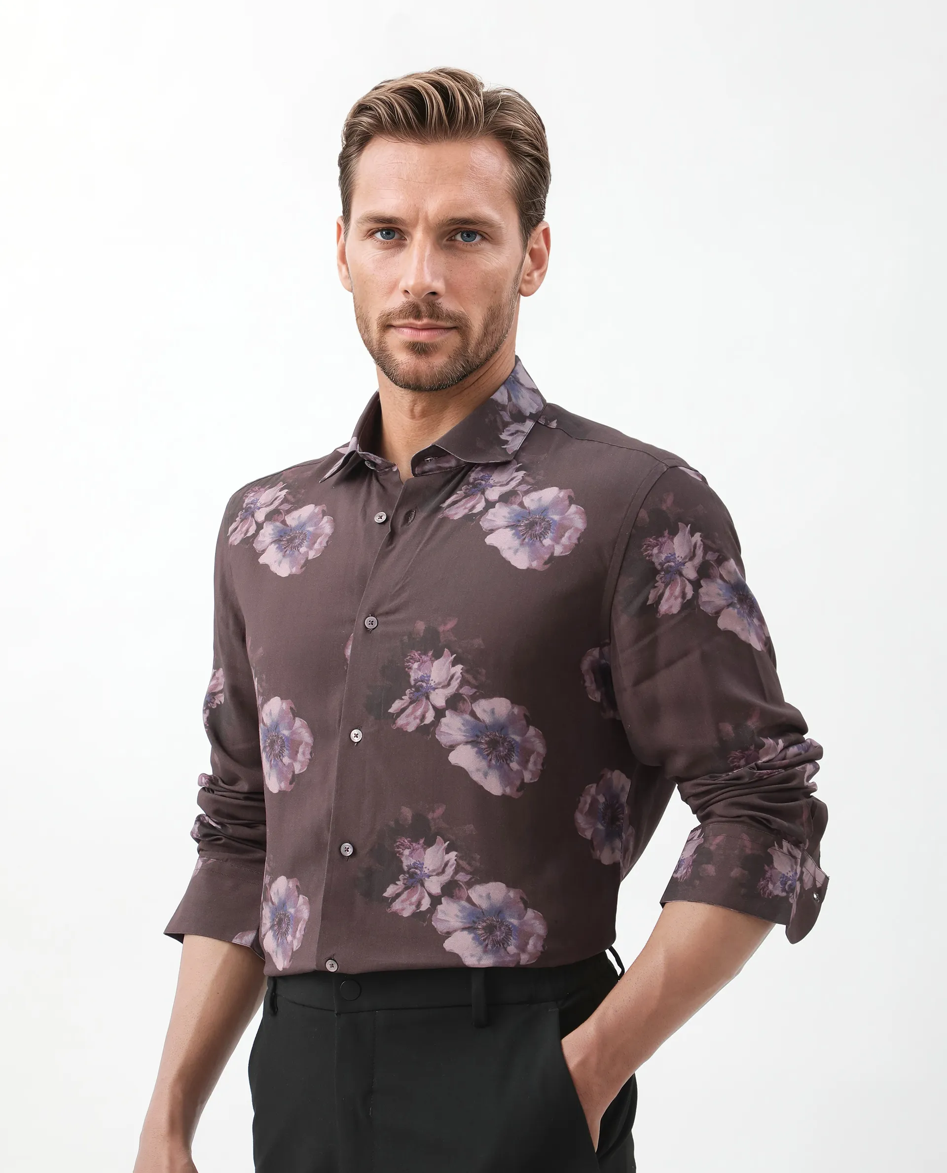 Rare Rabbit Men's Ruds Brown Viscose Floral Print Regular Fit Full Sleeve Collared Shirt - Image 7