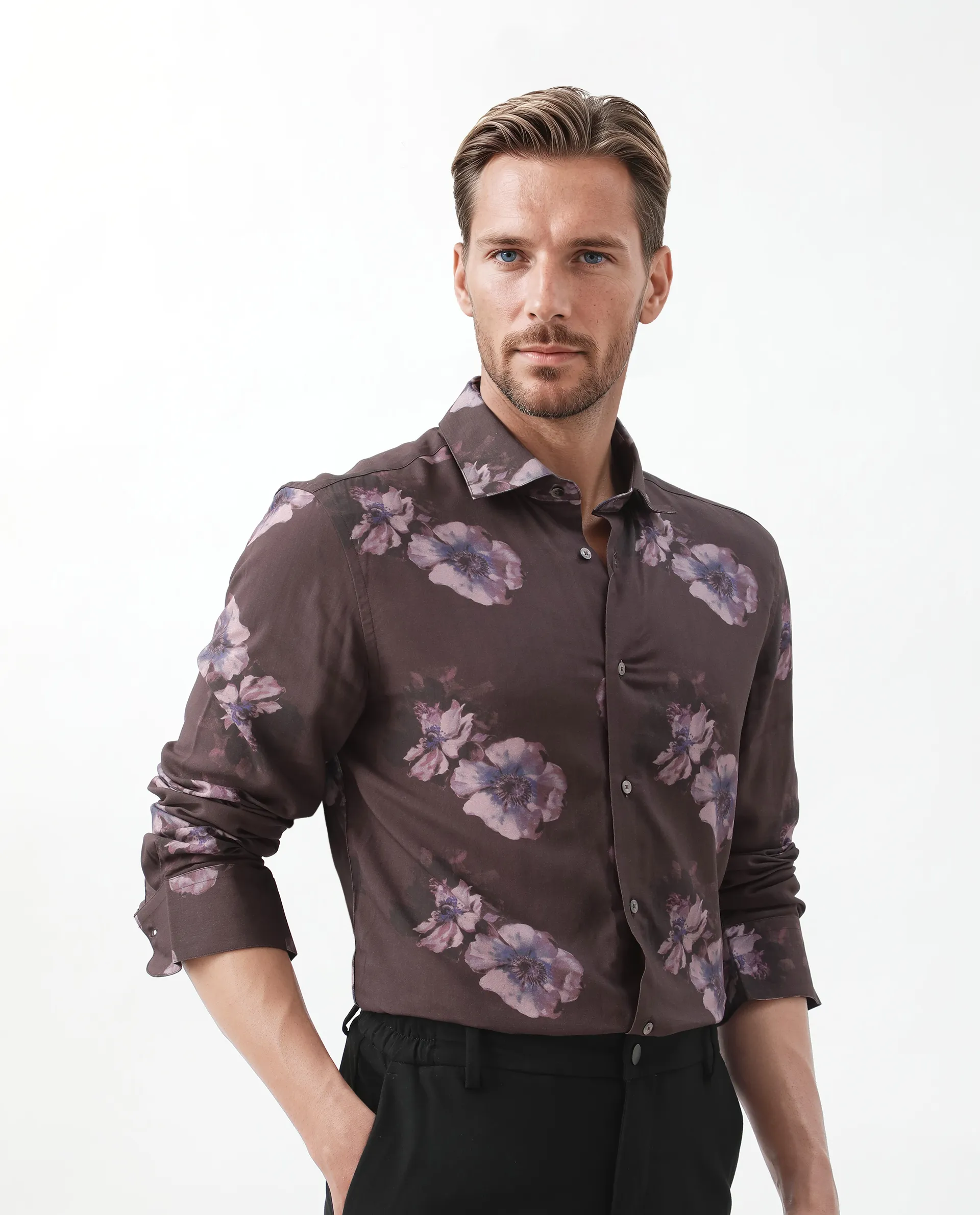 Rare Rabbit Men's Ruds Brown Viscose Floral Print Regular Fit Full Sleeve Collared Shirt - Image 8