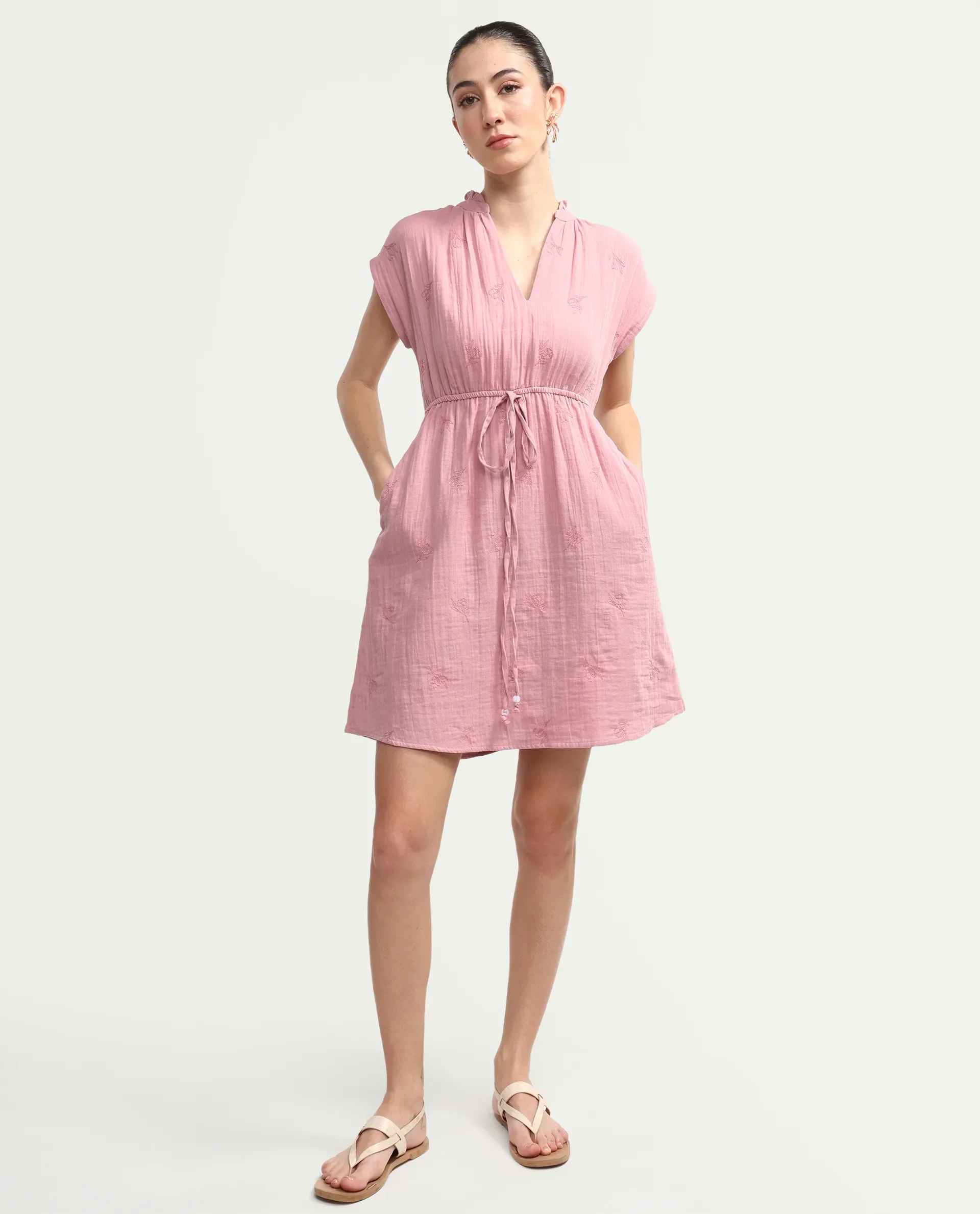 Rareism Women's Rudum Dusky Pink Cotton Ruffled Neck Fit And Flare Plain Dress - Image 3