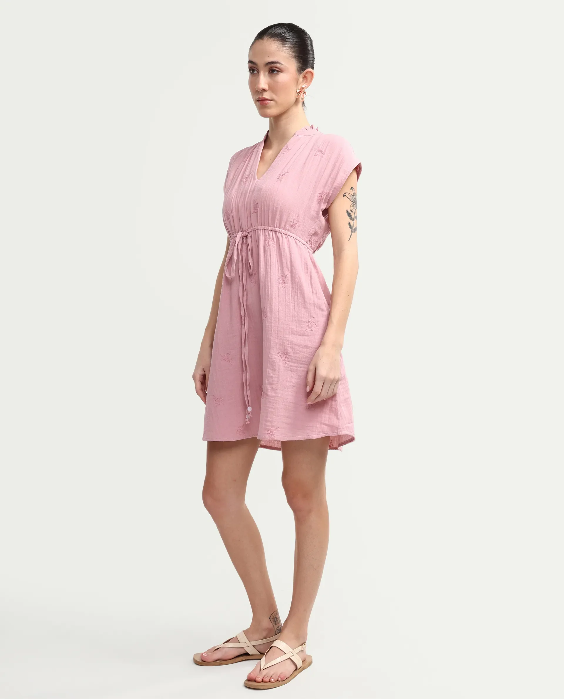 Rareism Women's Rudum Dusky Pink Cotton Ruffled Neck Fit And Flare Plain Dress - Image 5