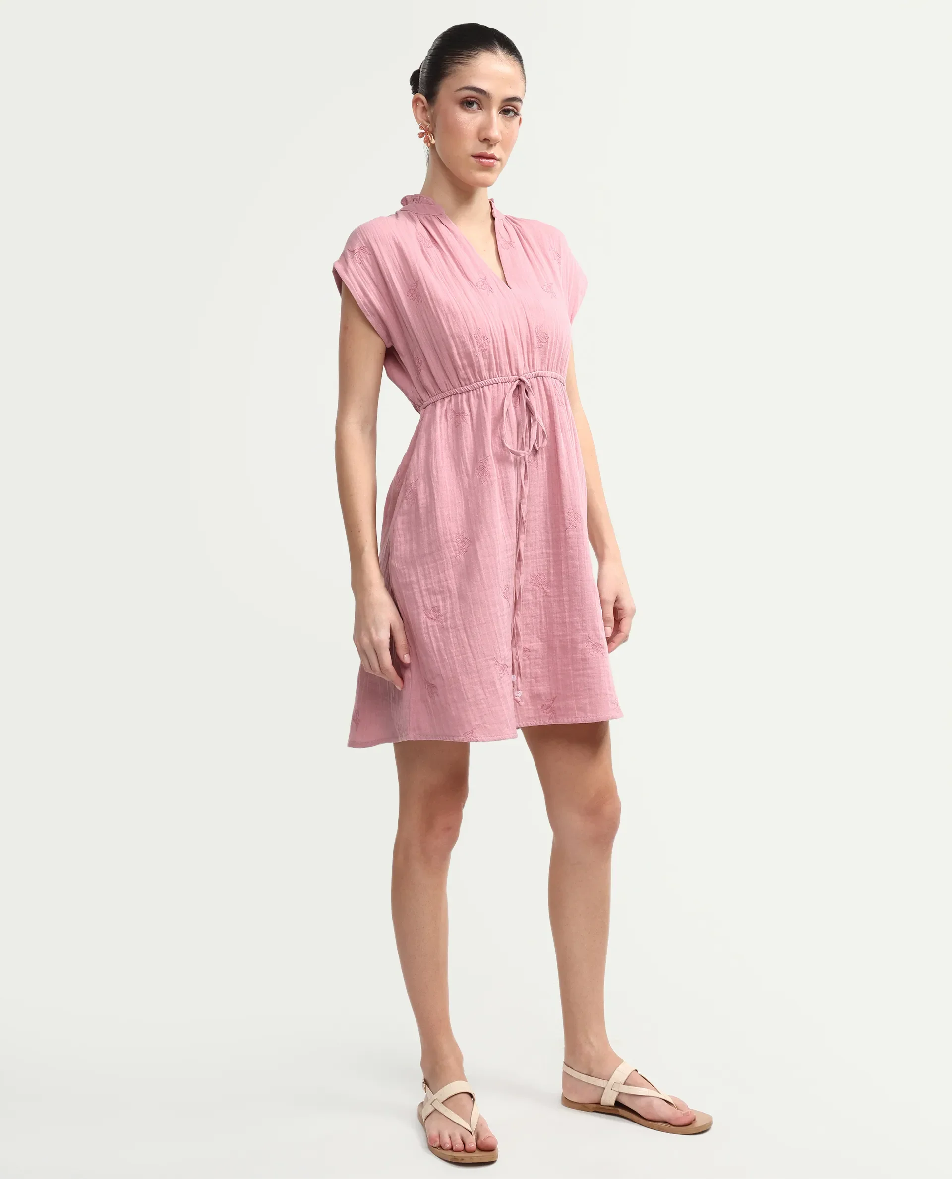 Rareism Women's Rudum Dusky Pink Cotton Ruffled Neck Fit And Flare Plain Dress - Image 6