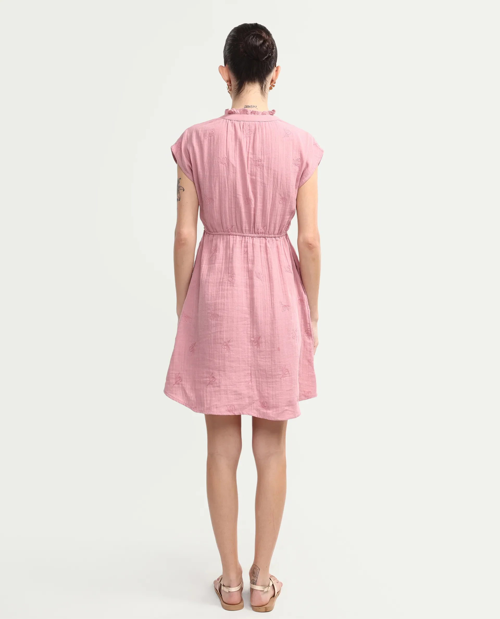 Rareism Women's Rudum Dusky Pink Cotton Ruffled Neck Fit And Flare Plain Dress - Image 7