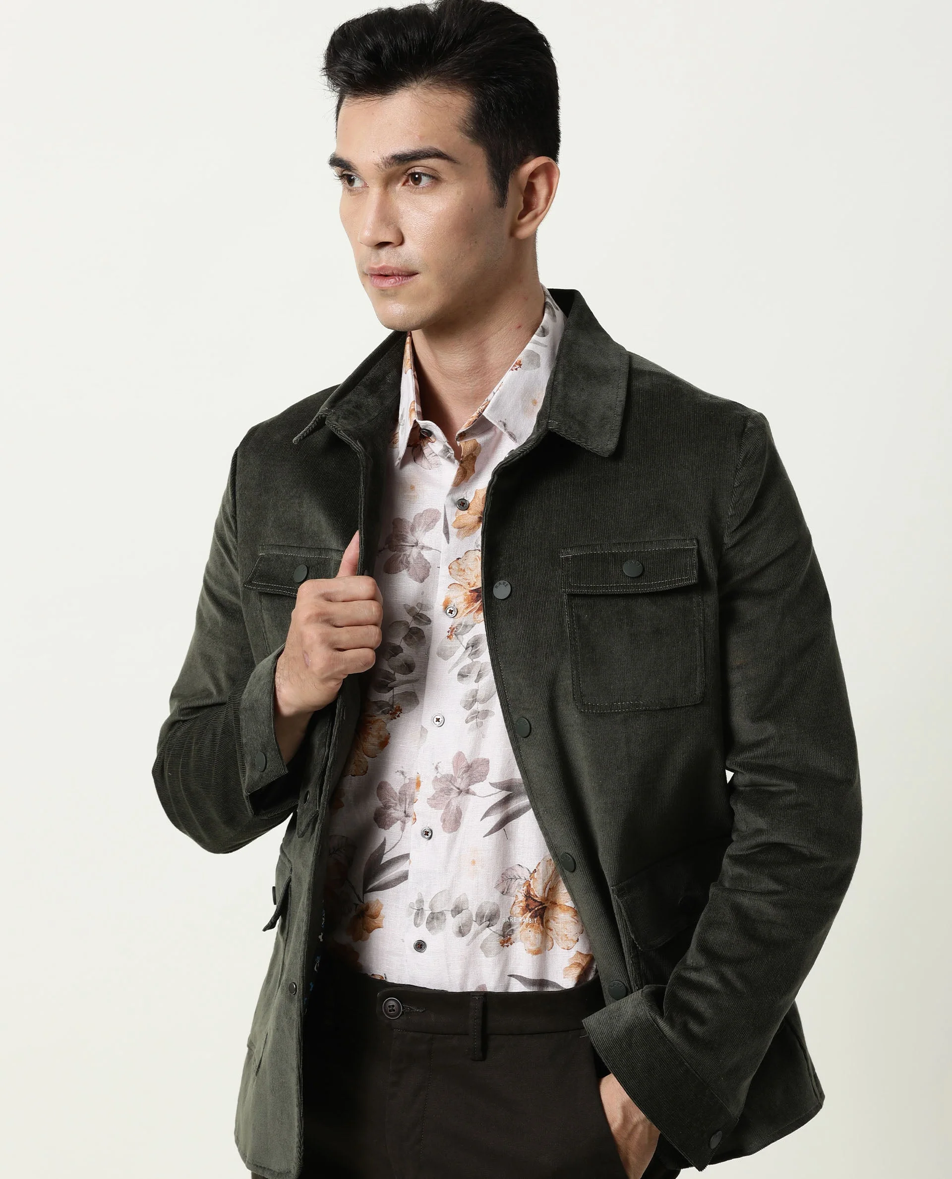 Rare Rabbit Men's Rudy Green Cotton Plain Regular Fit Full Sleeve Spread Collar Jacket