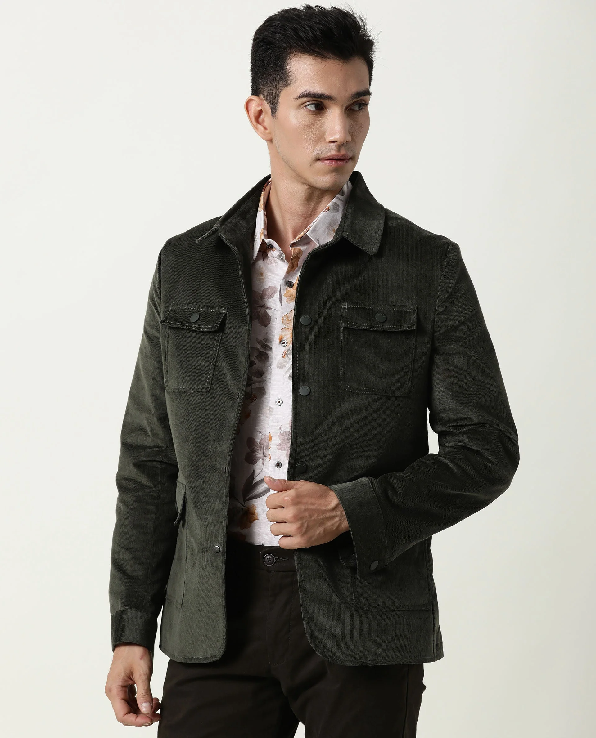 Rare Rabbit Men's Rudy Green Cotton Plain Regular Fit Full Sleeve Spread Collar Jacket - Image 4