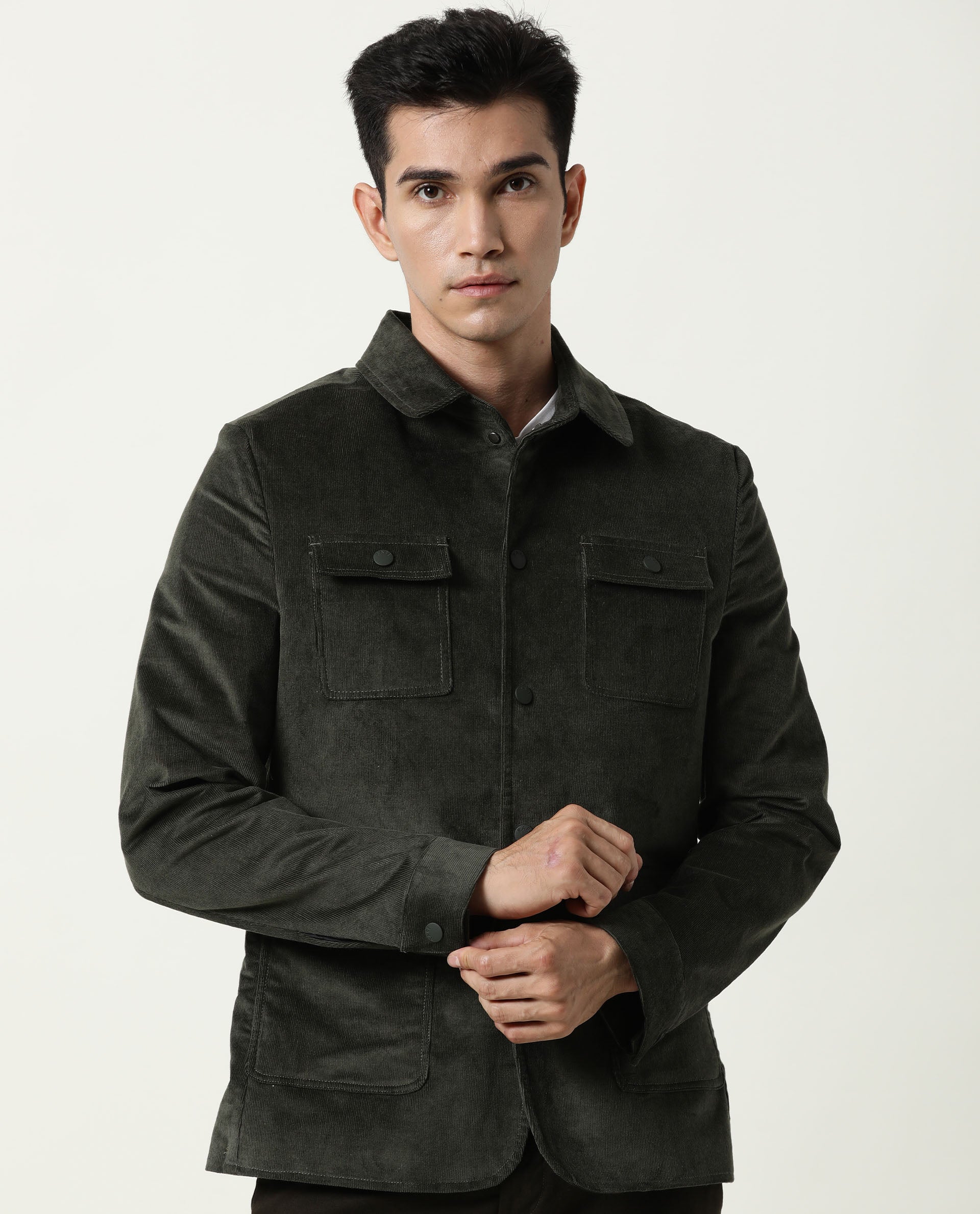 Rare Rabbit Men's Rudy Green Cotton Plain Regular Fit Full Sleeve Spread Collar Jacket - Image 5