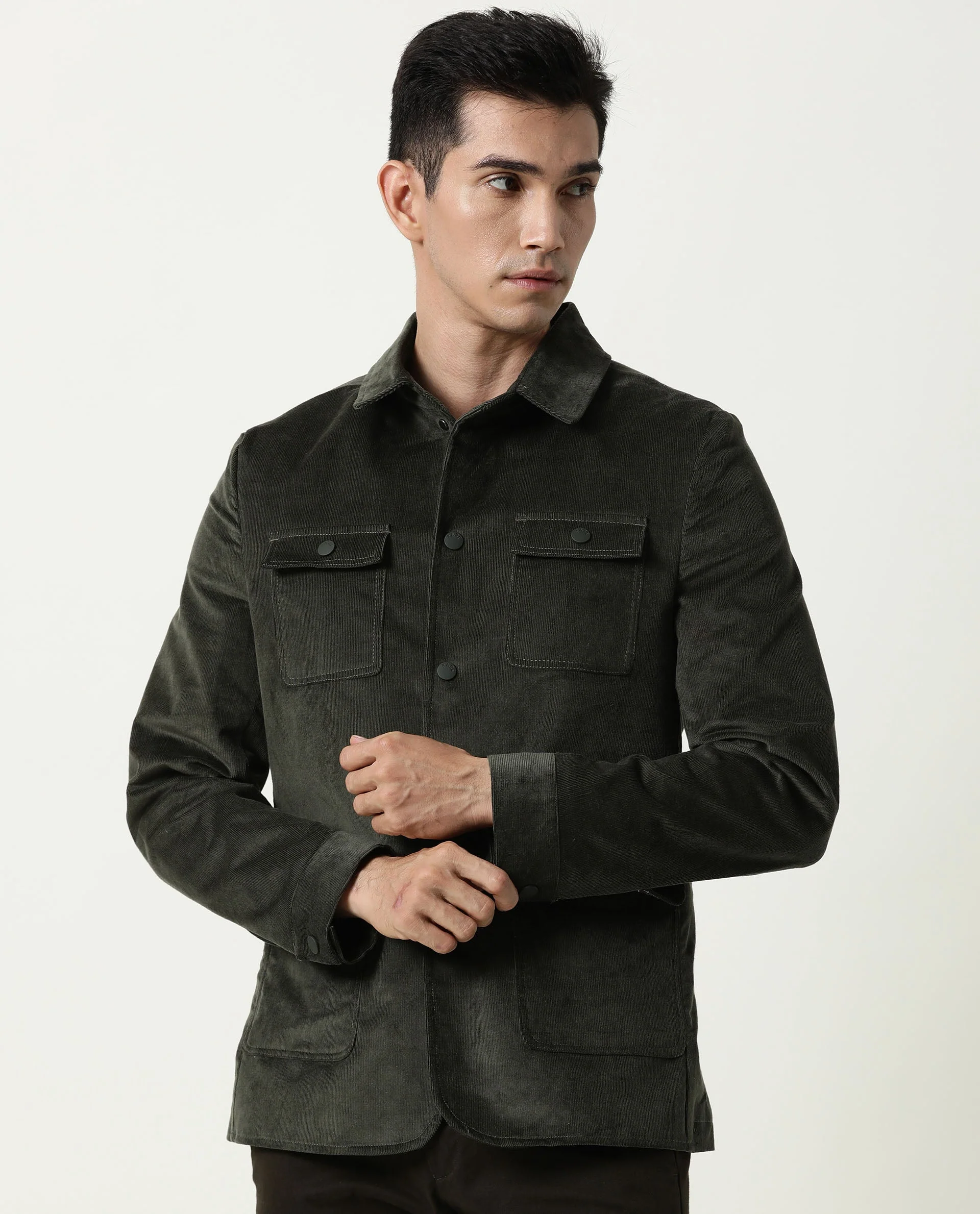 Rare Rabbit Men's Rudy Green Cotton Plain Regular Fit Full Sleeve Spread Collar Jacket - Image 6