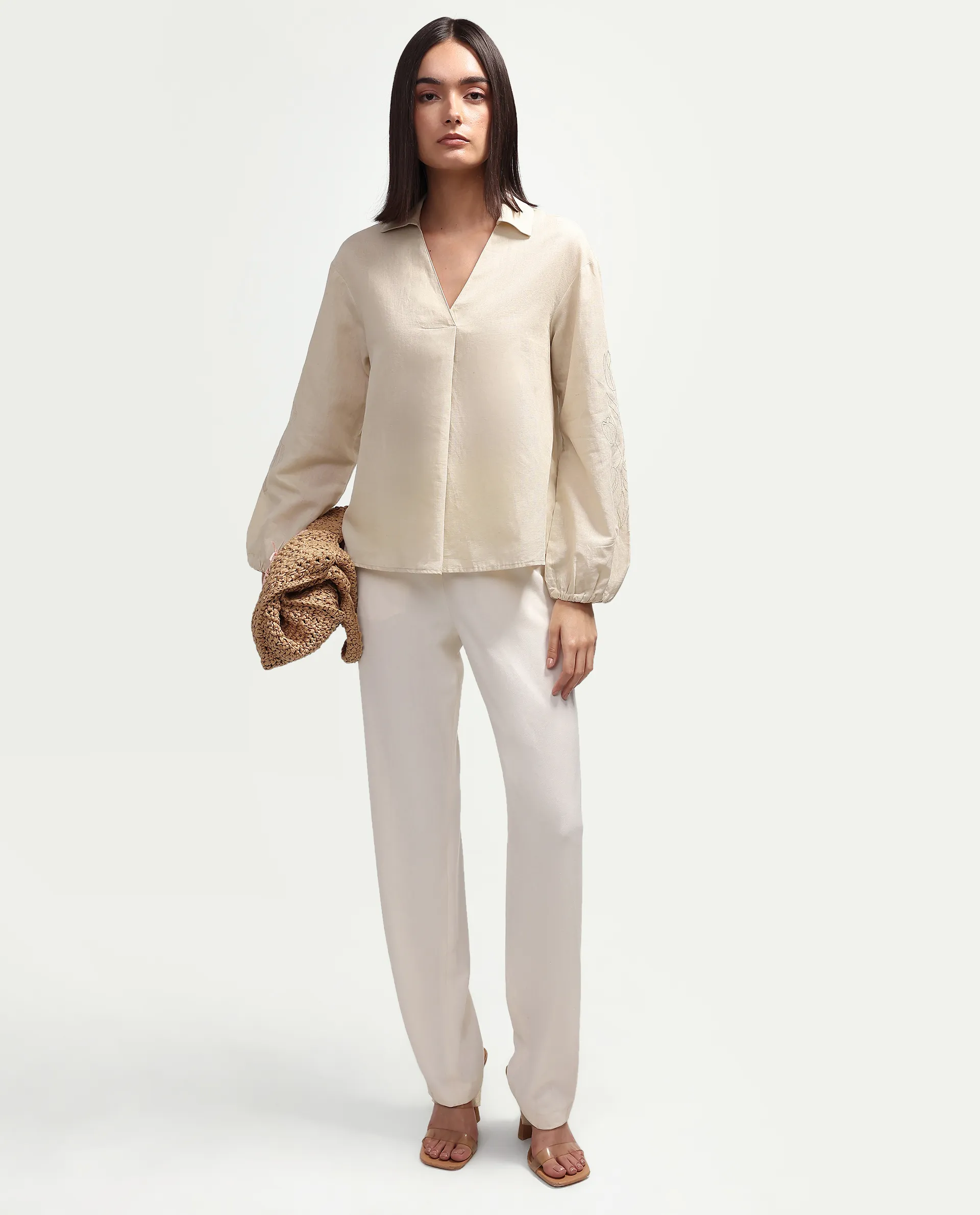 Rareism Women's Ruemb Beige Linen Blend Johnny Collar Relaxed Plain Top - Image 2