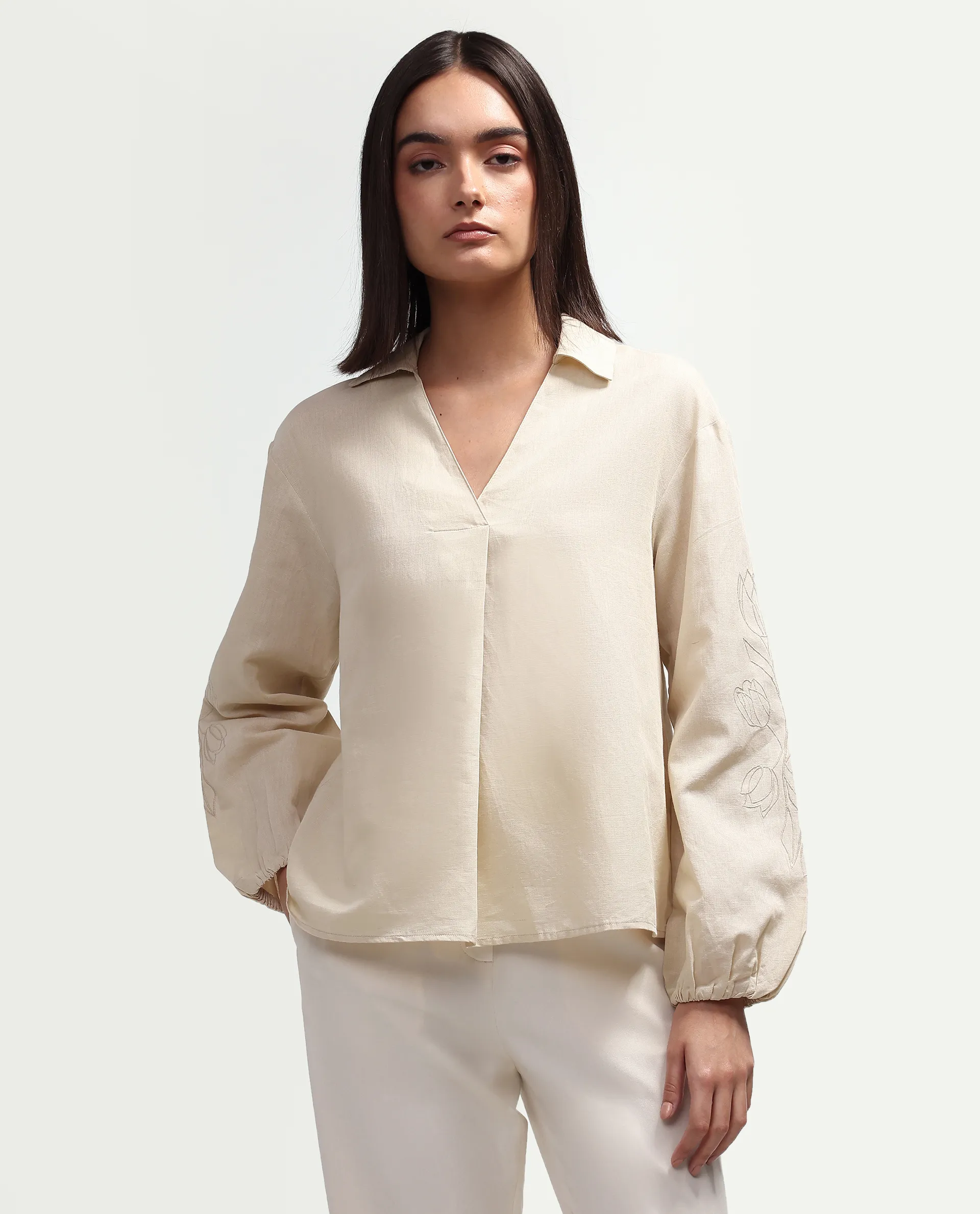 Rareism Women's Ruemb Beige Linen Blend Johnny Collar Relaxed Plain Top - Image 3