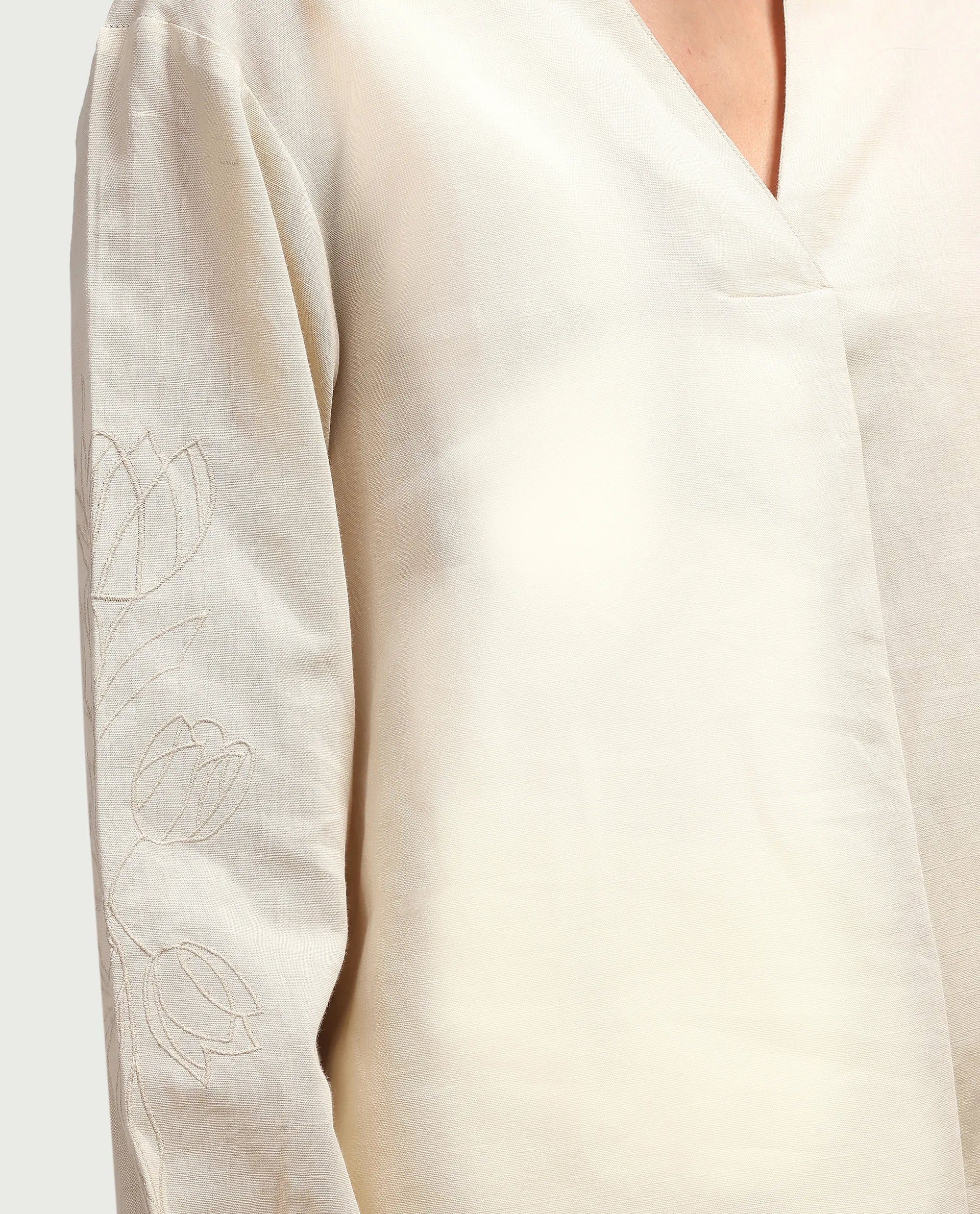 Rareism Women's Ruemb Beige Linen Blend Johnny Collar Relaxed Plain Top - Image 4