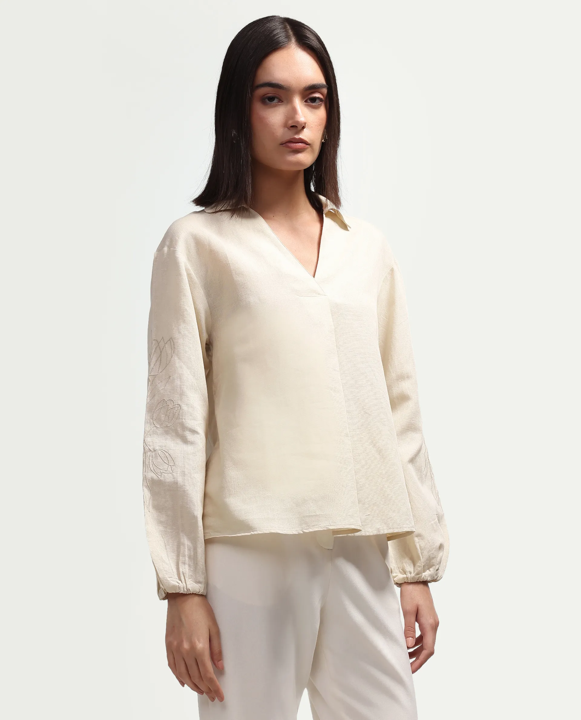 Rareism Women's Ruemb Beige Linen Blend Johnny Collar Relaxed Plain Top - Image 5