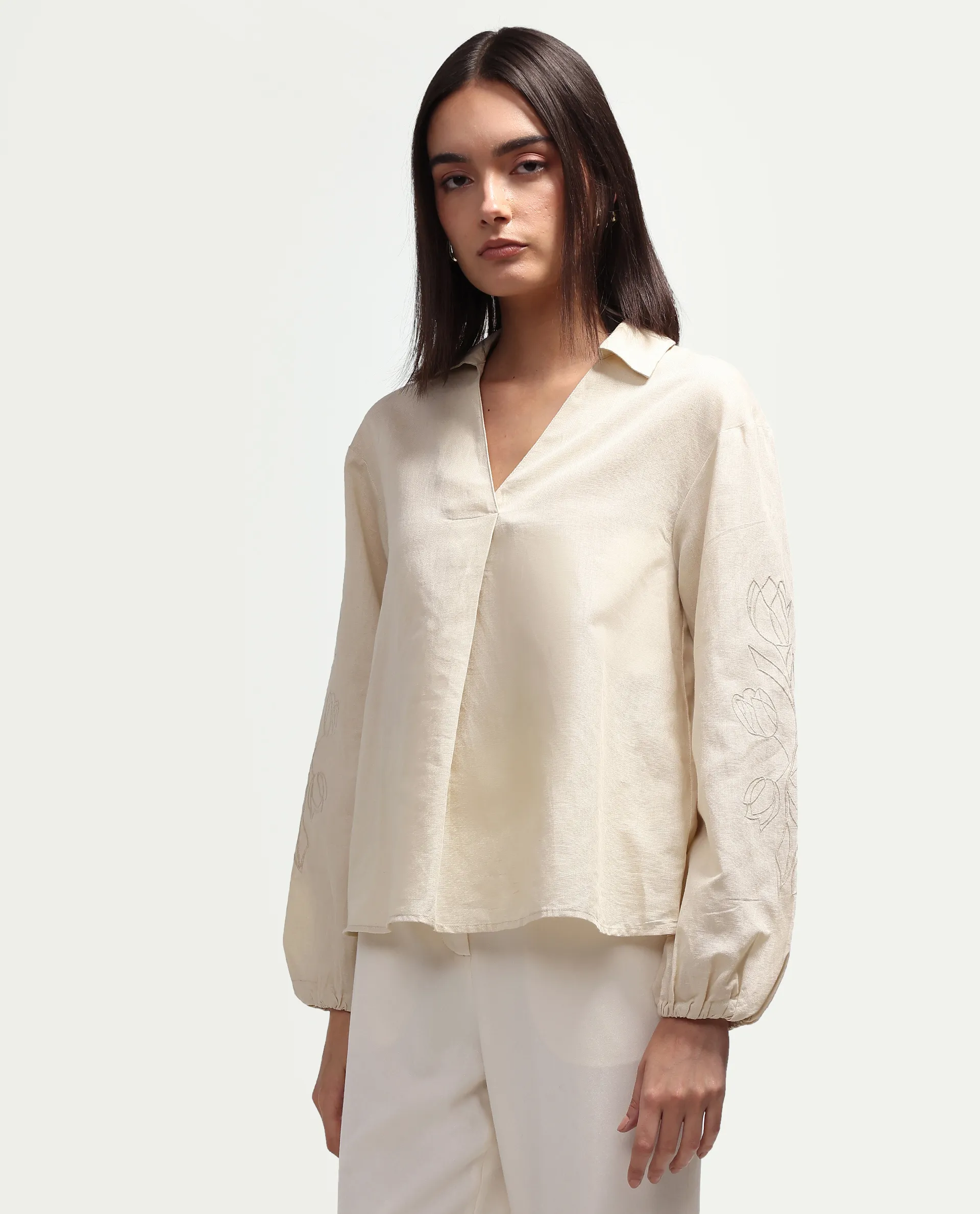 Rareism Women's Ruemb Beige Linen Blend Johnny Collar Relaxed Plain Top - Image 6