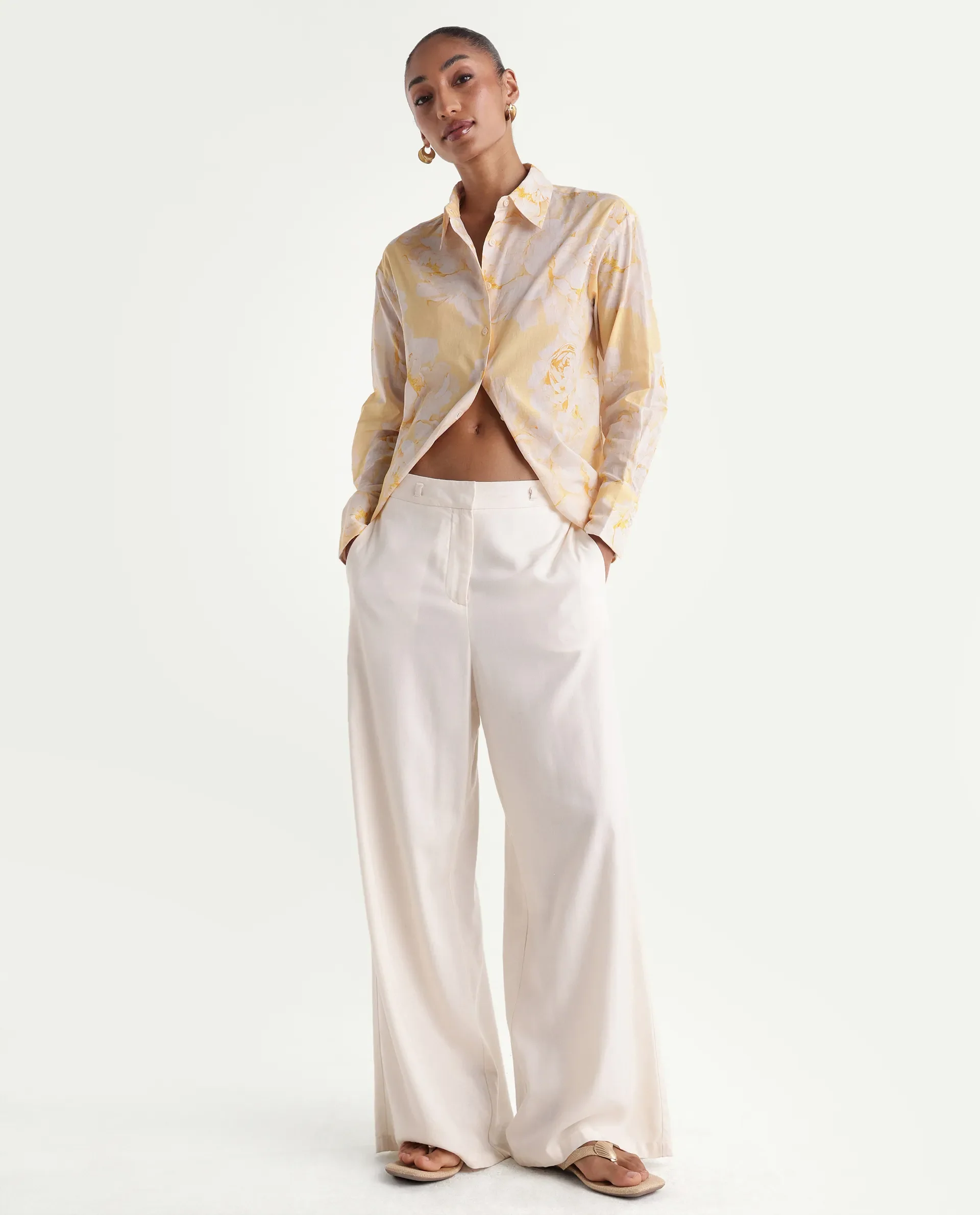 Rareism Women's Rufin Pastel Yellow Cotton Spread Collar Relaxed Floral Print Shirt - Image 2
