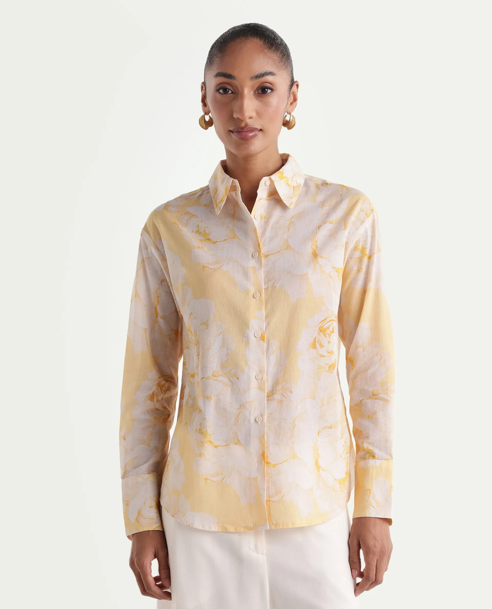 Rareism Women's Rufin Pastel Yellow Cotton Spread Collar Relaxed Floral Print Shirt - Image 3