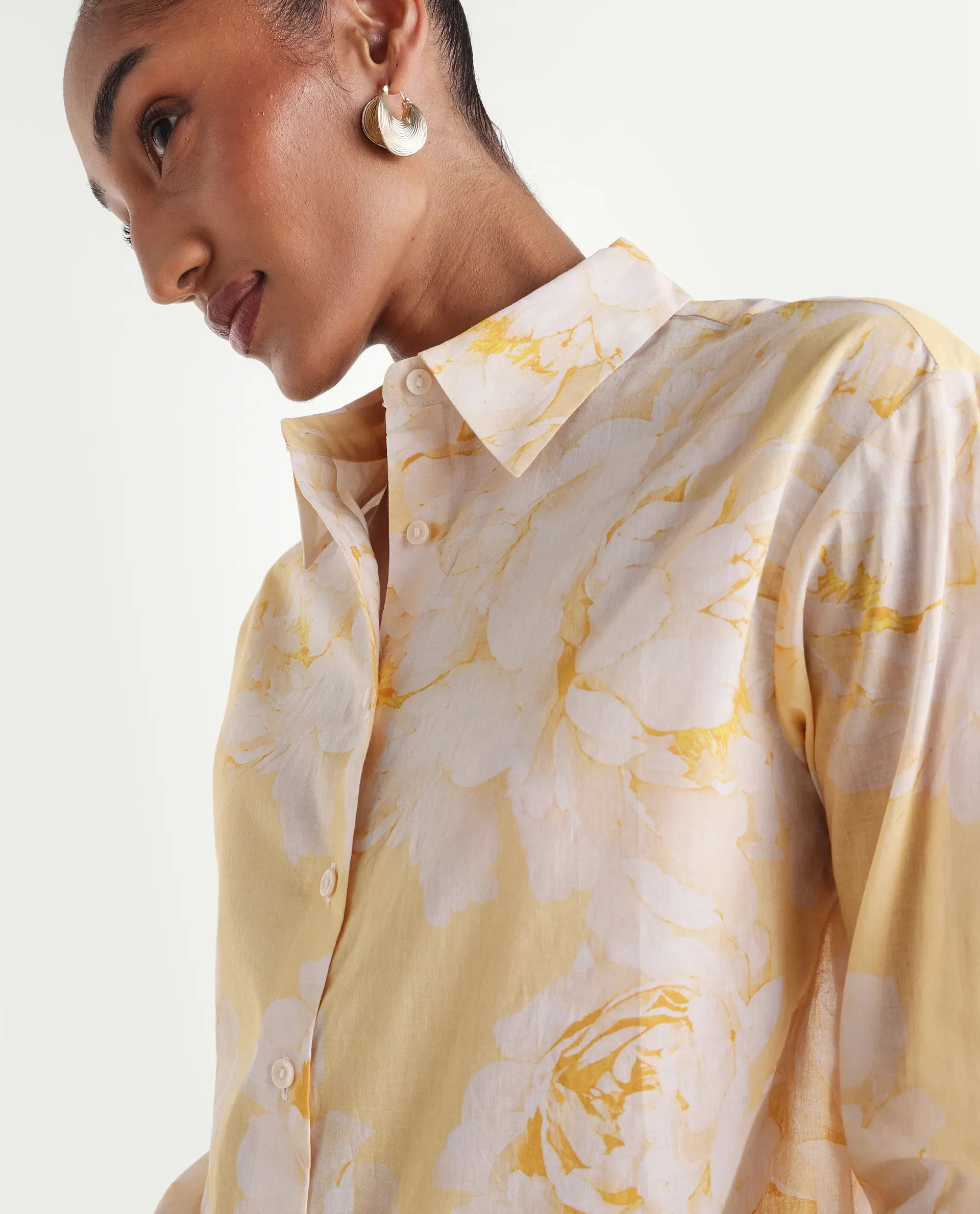 Rareism Women's Rufin Pastel Yellow Cotton Spread Collar Relaxed Floral Print Shirt - Image 4
