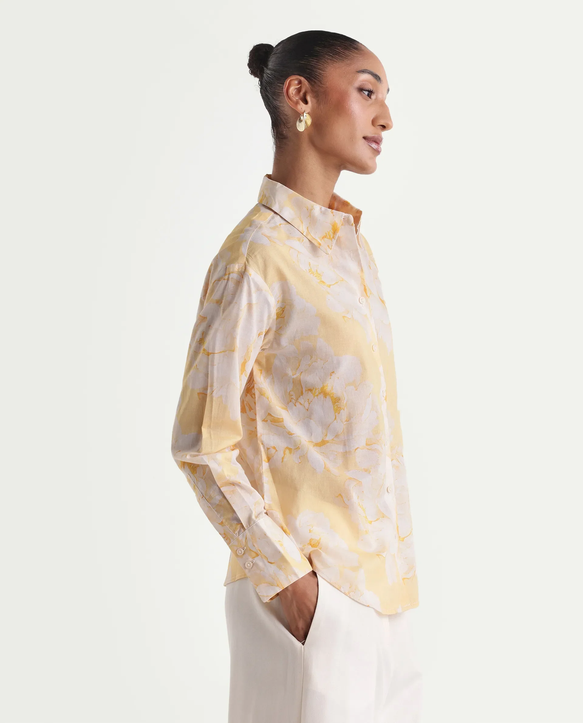 Rareism Women's Rufin Pastel Yellow Cotton Spread Collar Relaxed Floral Print Shirt - Image 5