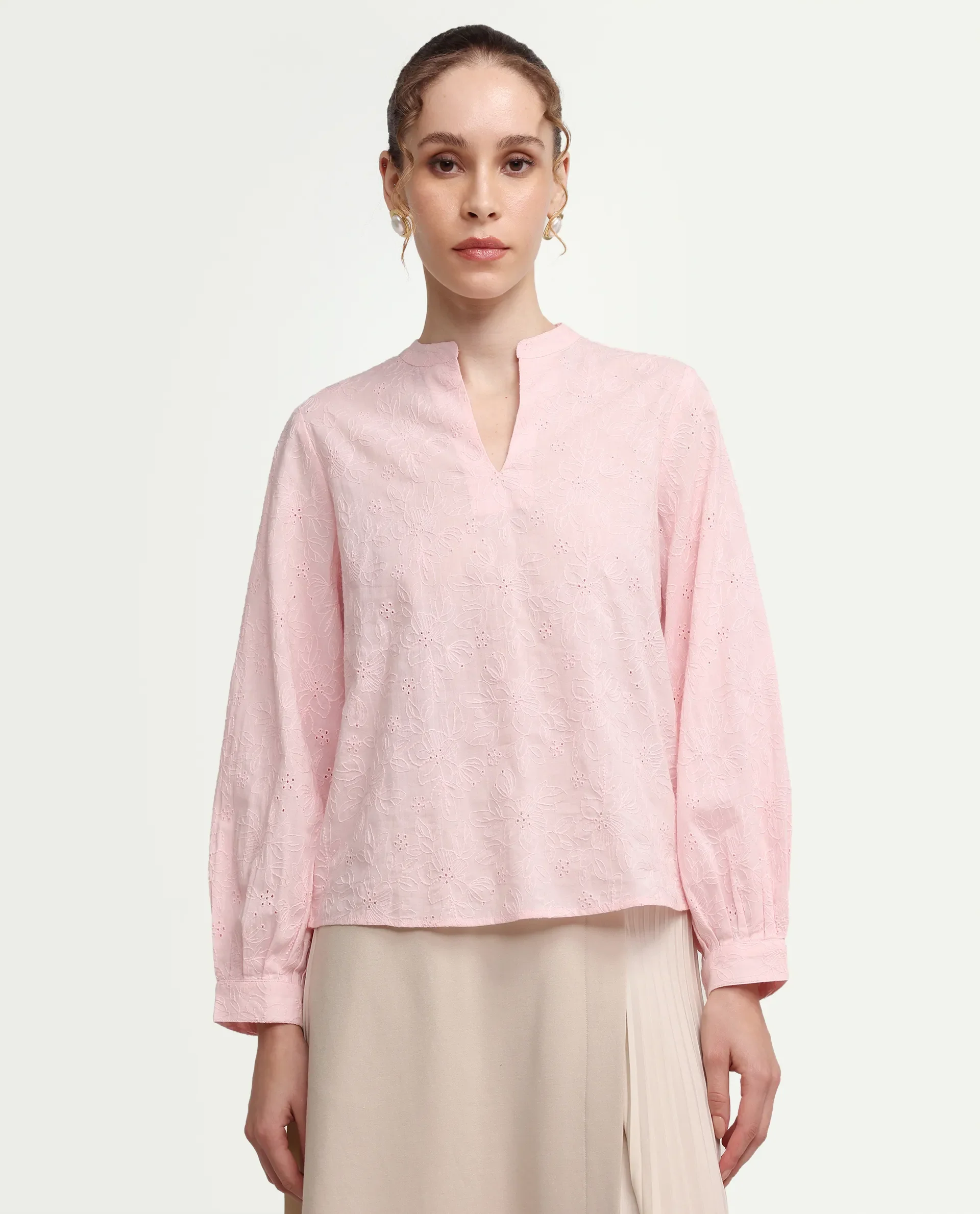 Rareism Women's Rufo Pastel Pink Cotton Full Sleeve Band Collar Regular Fit Top - Image 3