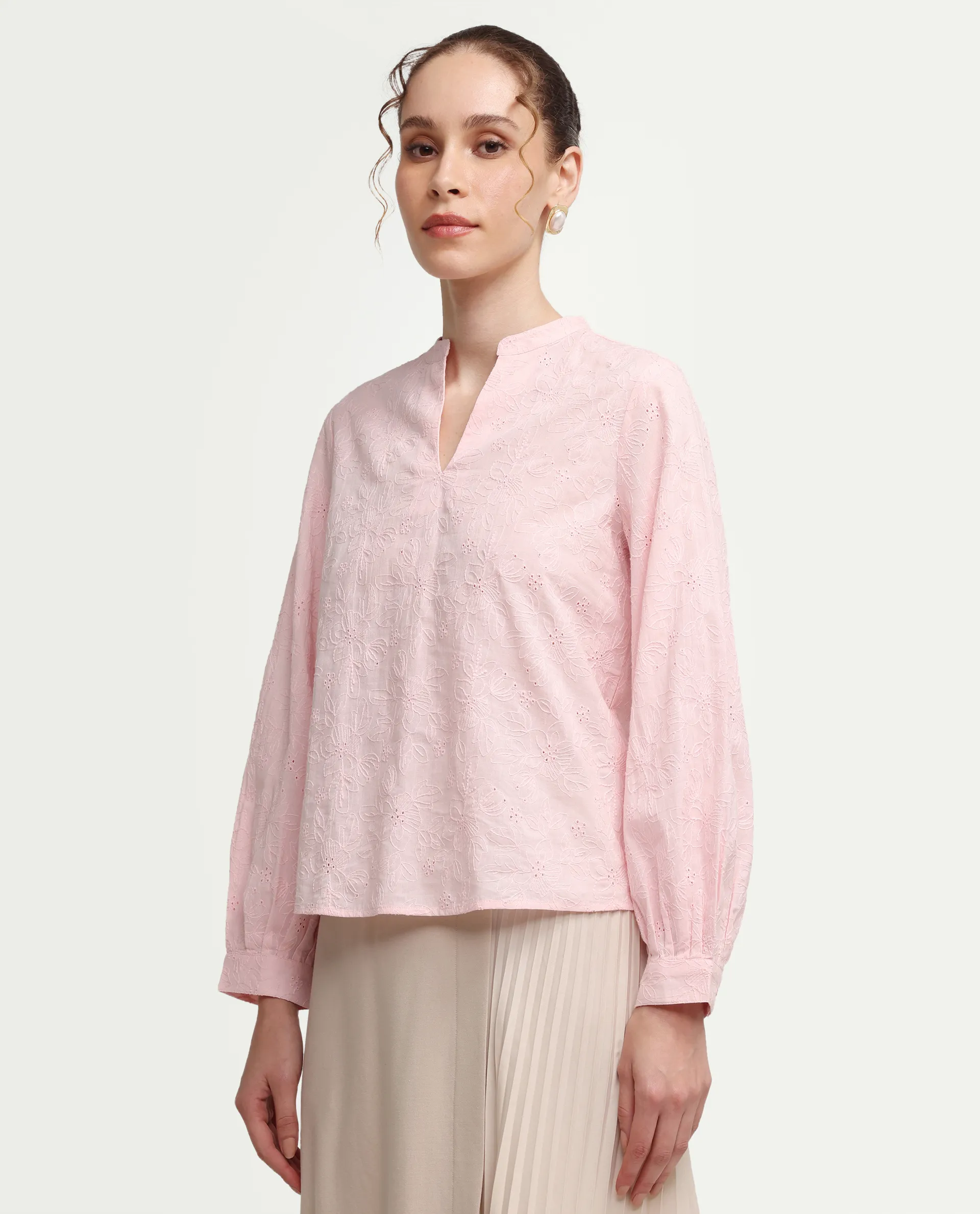 Rareism Women's Rufo Pastel Pink Cotton Full Sleeve Band Collar Regular Fit Top - Image 5