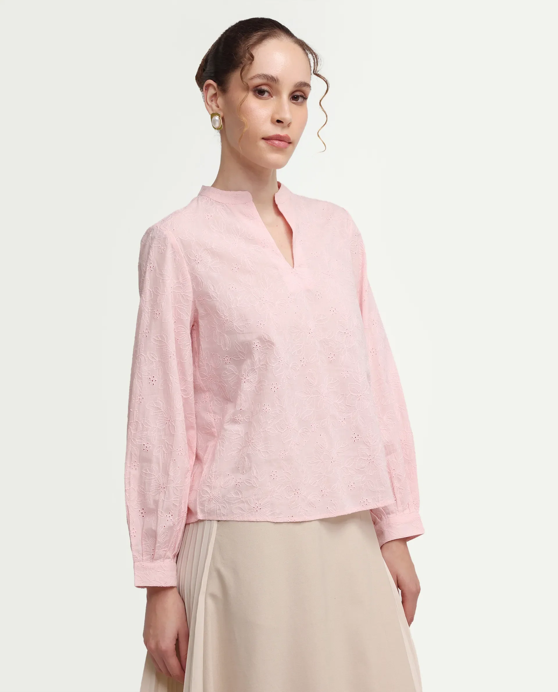 Rareism Women's Rufo Pastel Pink Cotton Full Sleeve Band Collar Regular Fit Top - Image 6