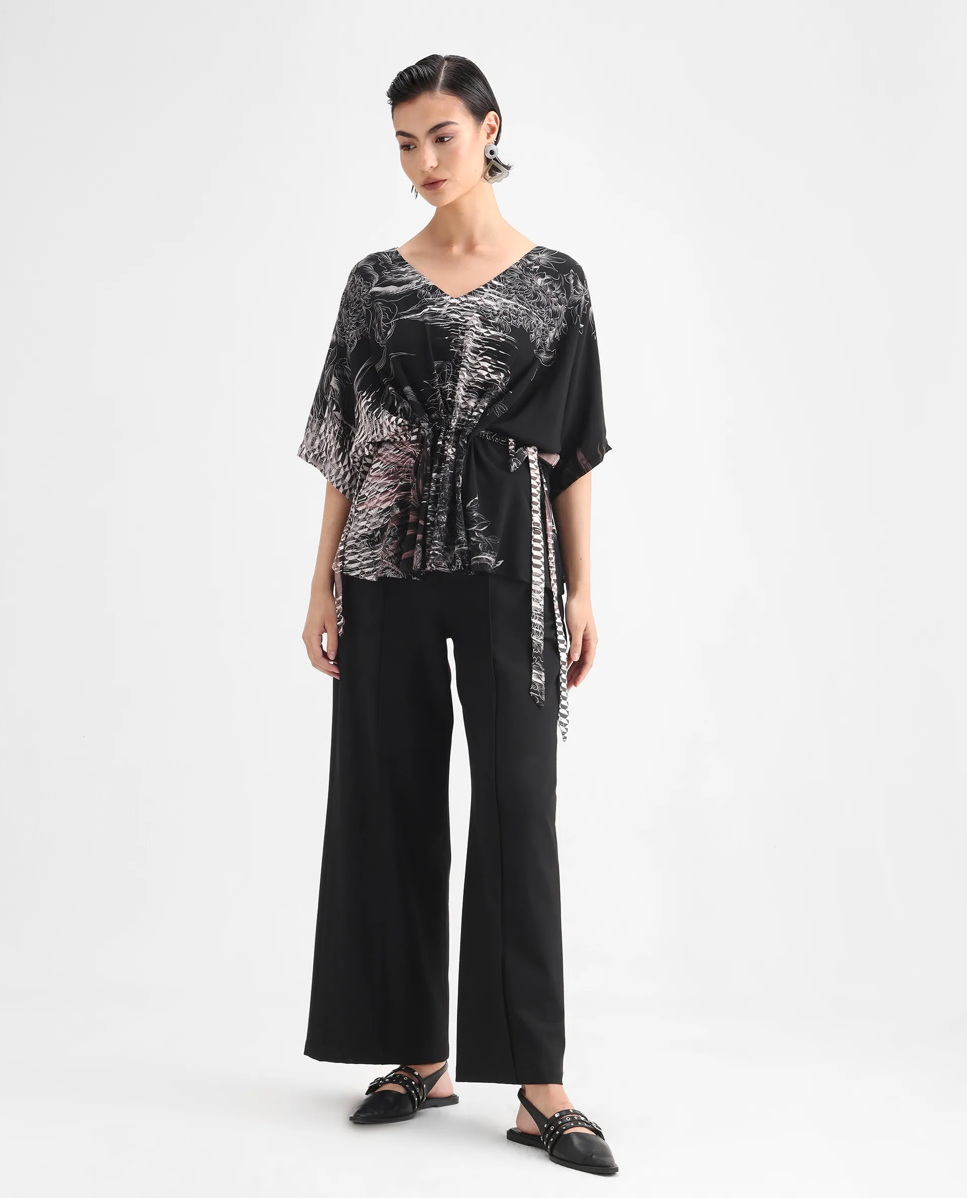 Rareism Women's Rufu Black Viscose Blend V-Neck Abstract Print Extended Sleeves Relaxed Fit Top - Image 2