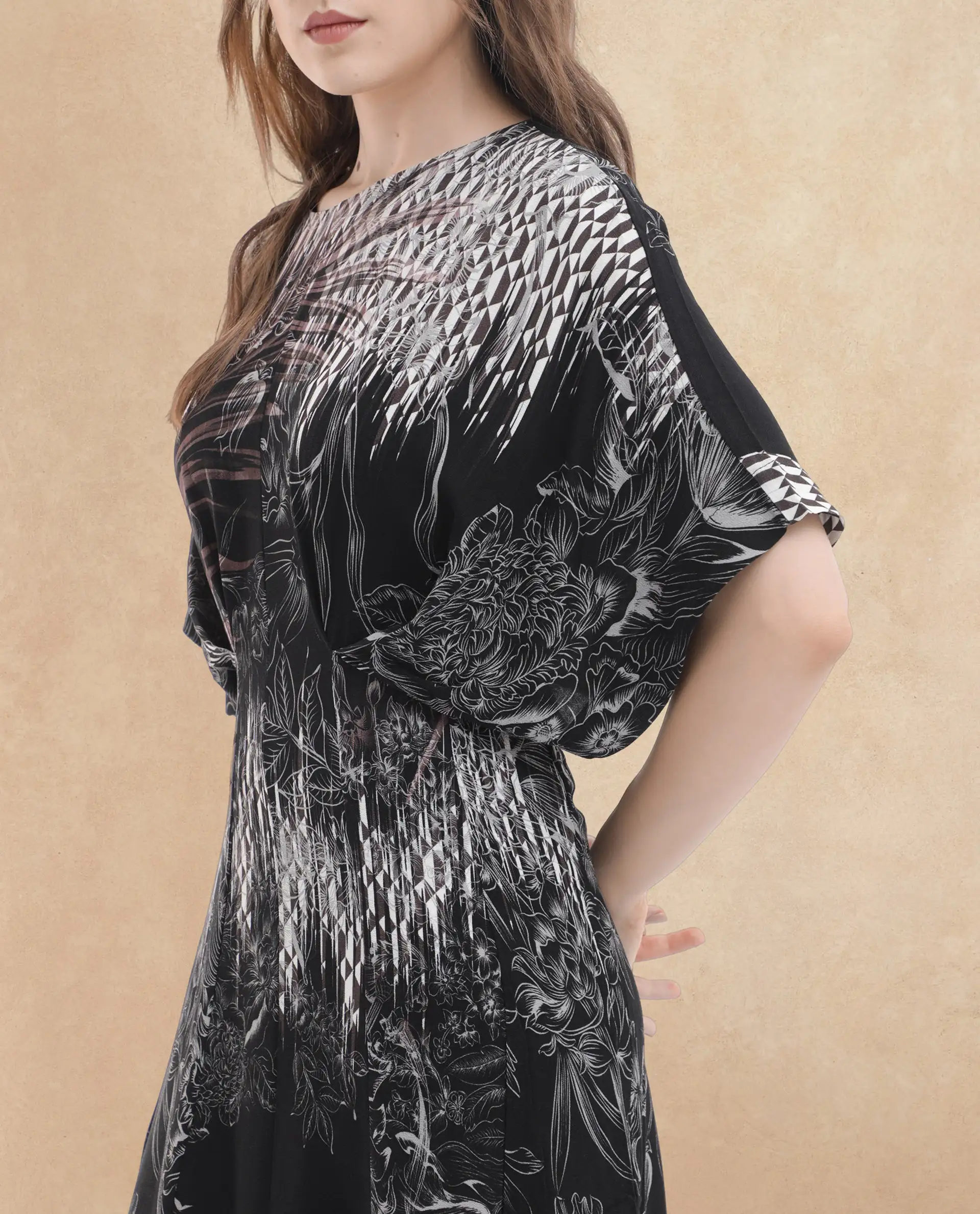 Rareism Women's Rufus Black Polyester Crew Neck Abstract Print Extended Sleeves Maxi Fit And Flare Dress - Image 2