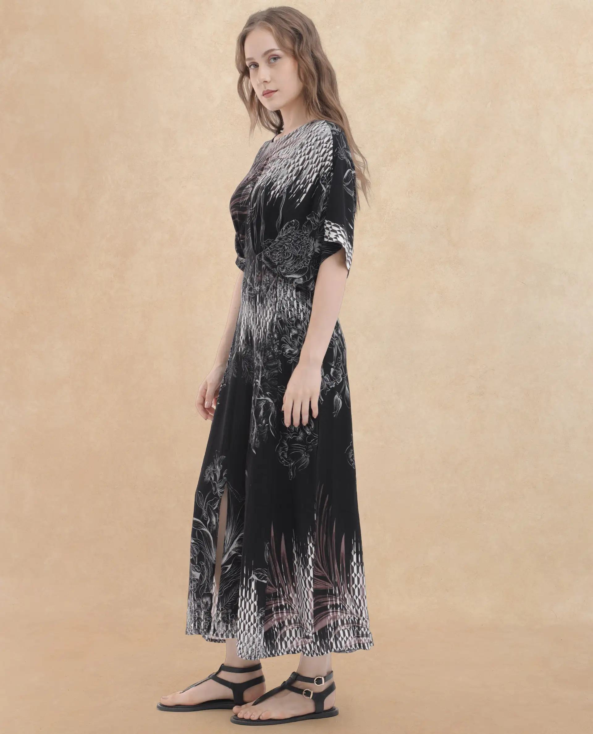 Rareism Women's Rufus Black Polyester Crew Neck Abstract Print Extended Sleeves Maxi Fit And Flare Dress - Image 4