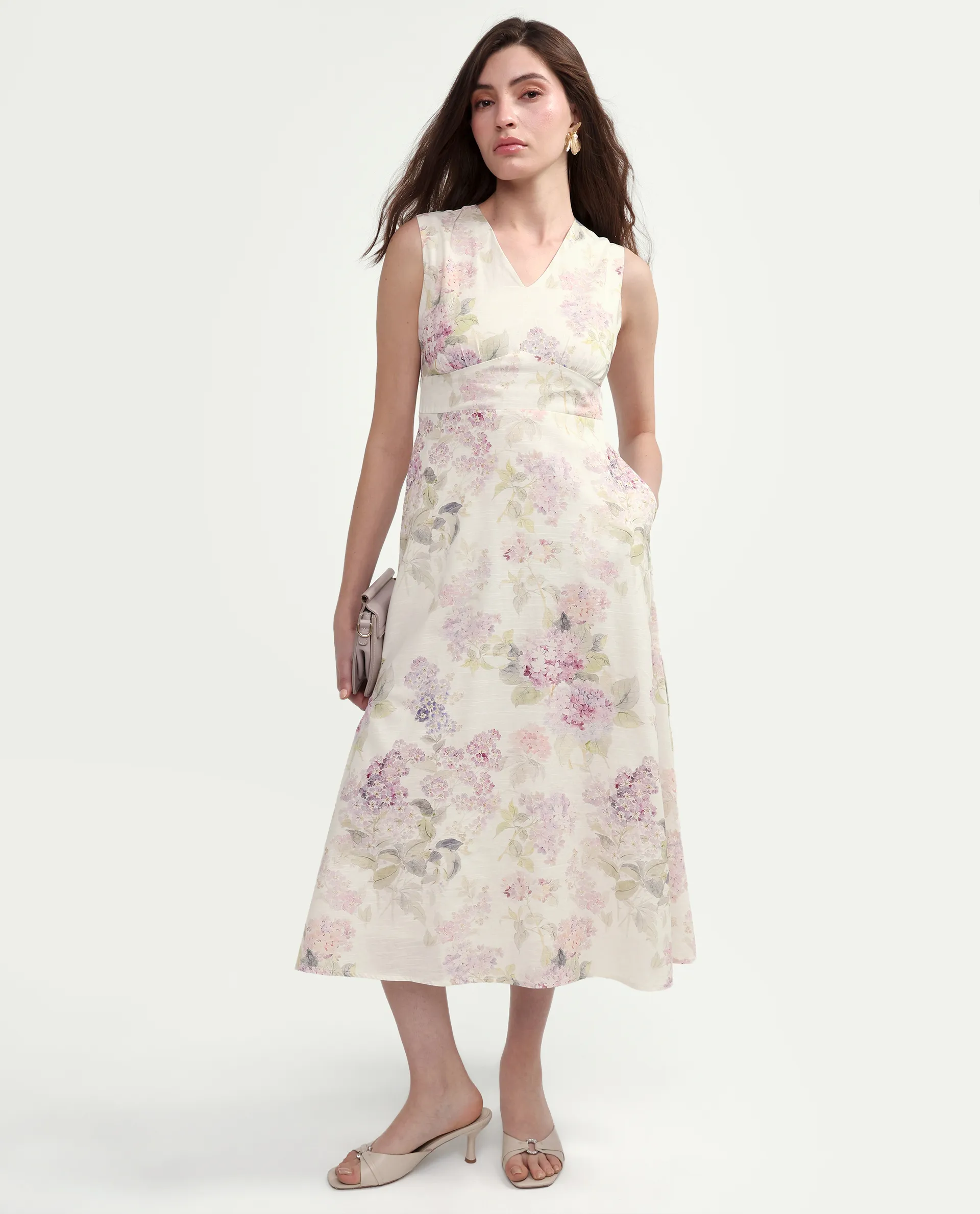 Rareism Women's Rugo Light Beige Cotton V-Neck A-Line Floral Print Dress - Image 2