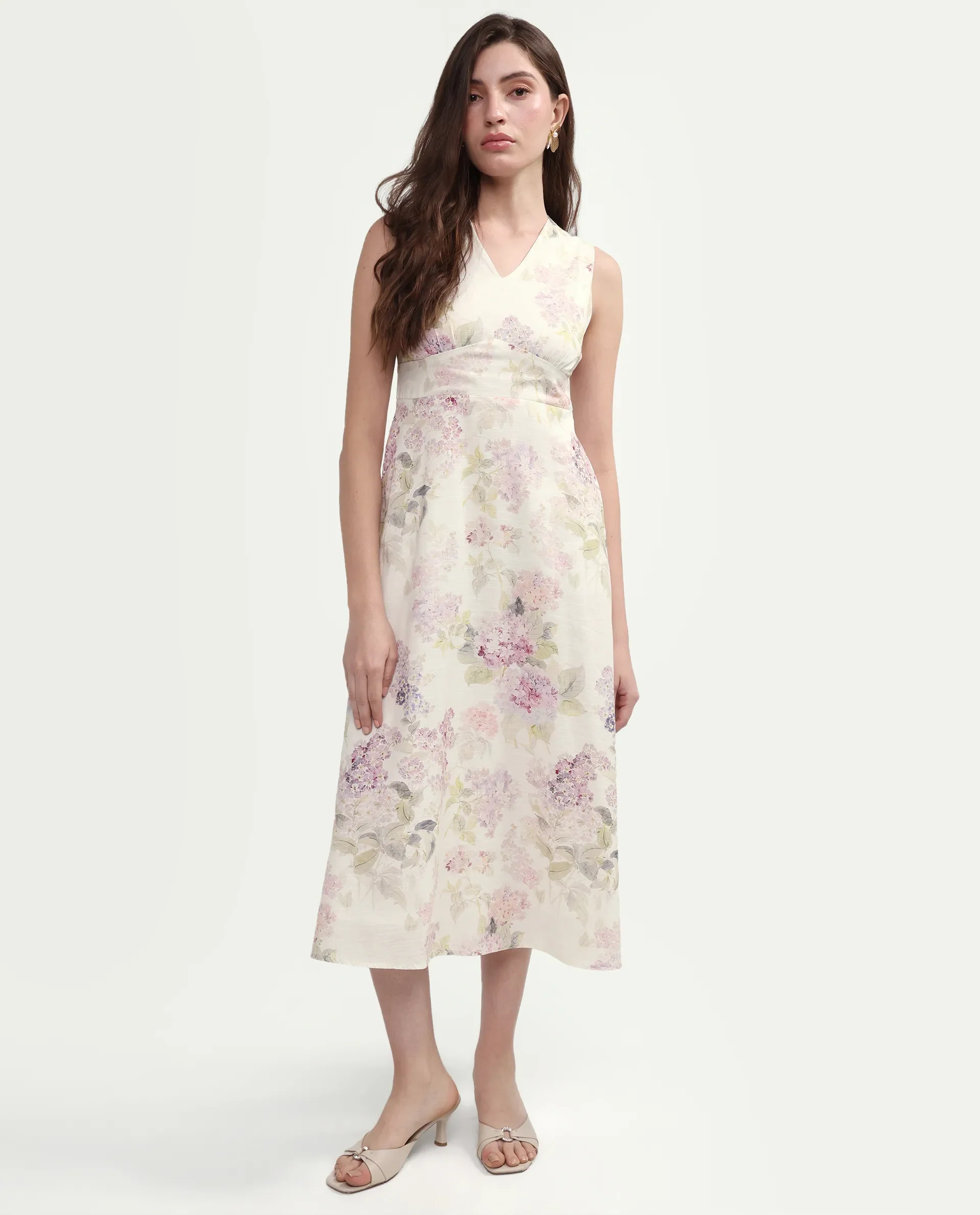 Rareism Women's Rugo Light Beige Cotton V-Neck A-Line Floral Print Dress - Image 4
