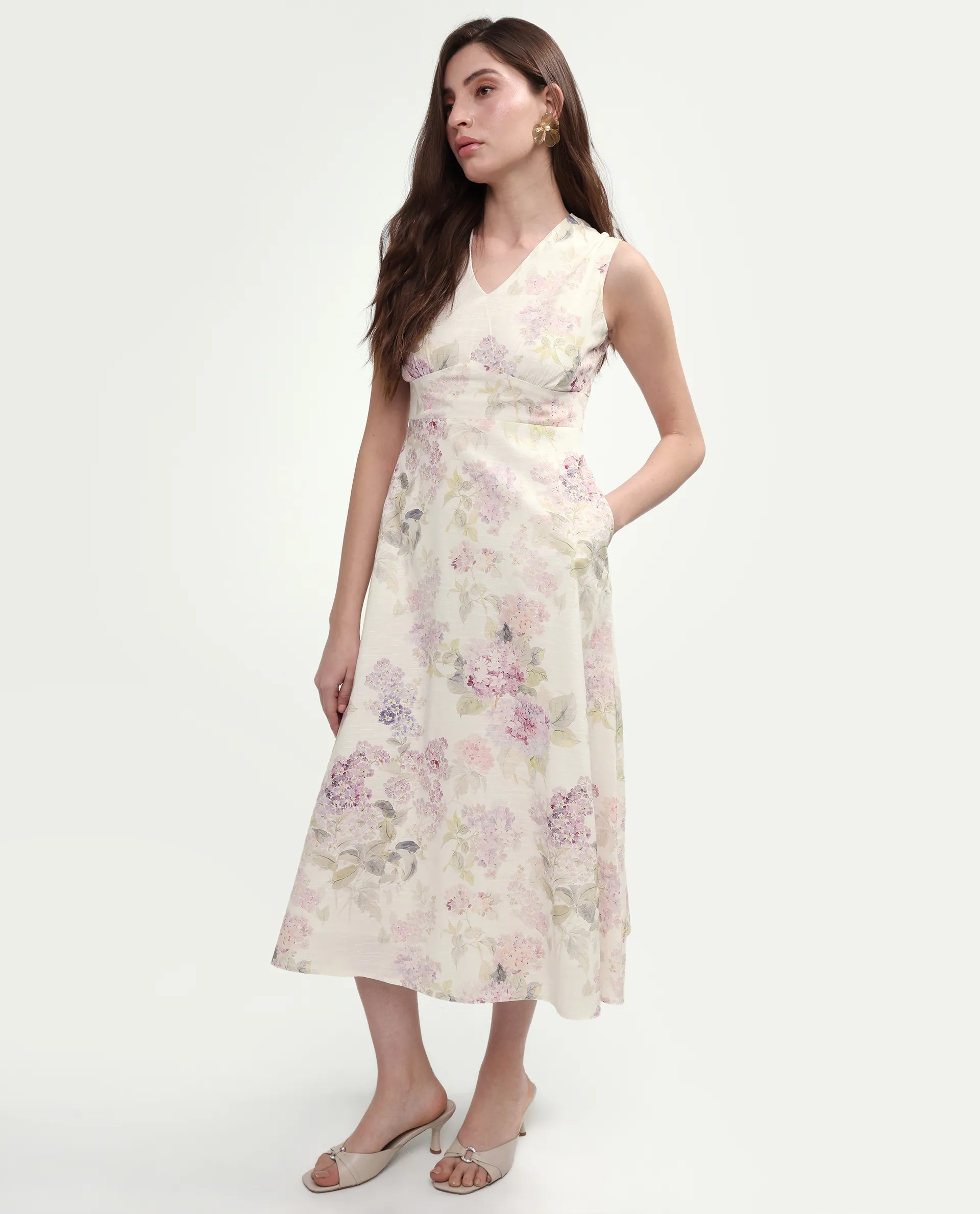 Rareism Women's Rugo Light Beige Cotton V-Neck A-Line Floral Print Dress - Image 5