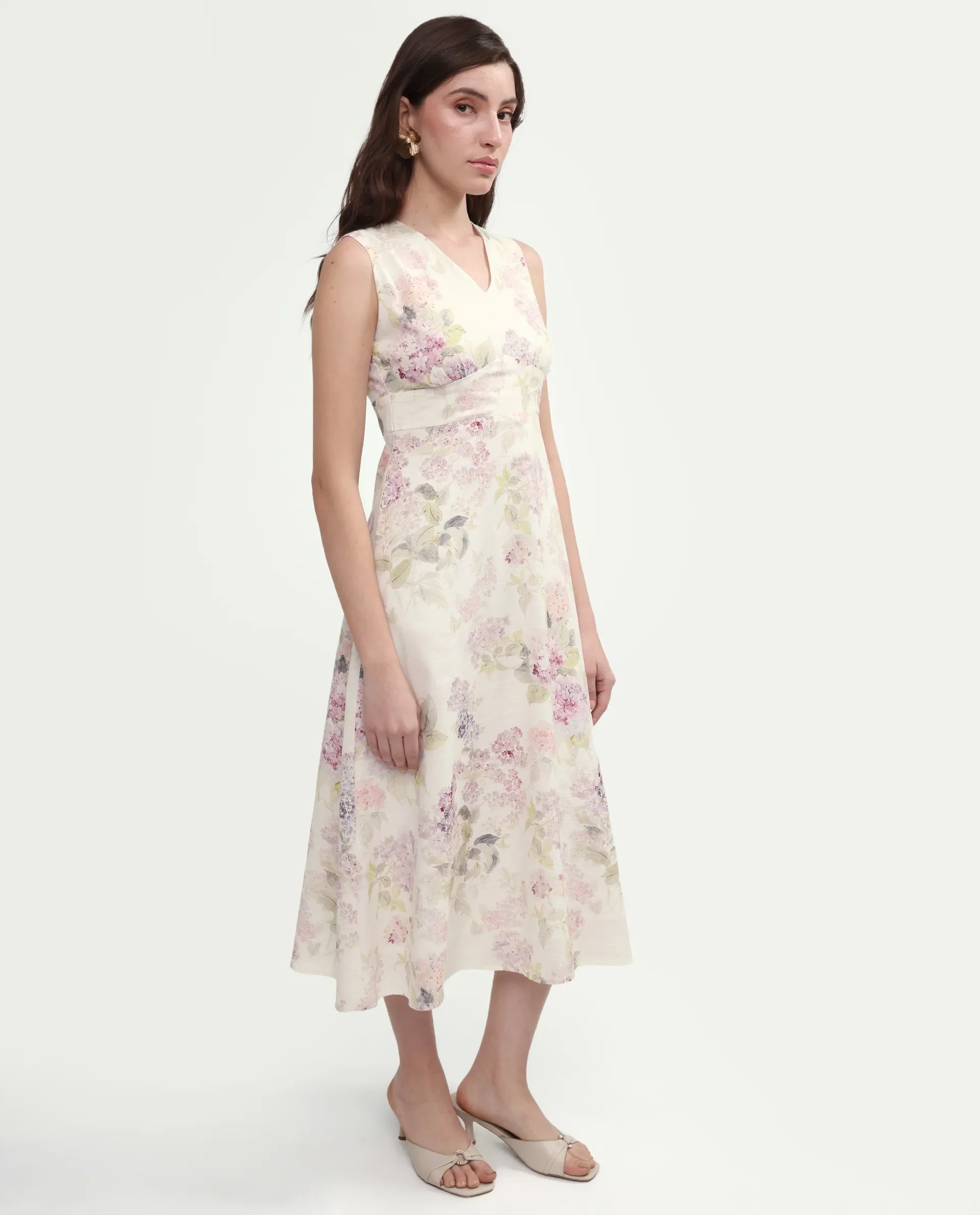 Rareism Women's Rugo Light Beige Cotton V-Neck A-Line Floral Print Dress - Image 6