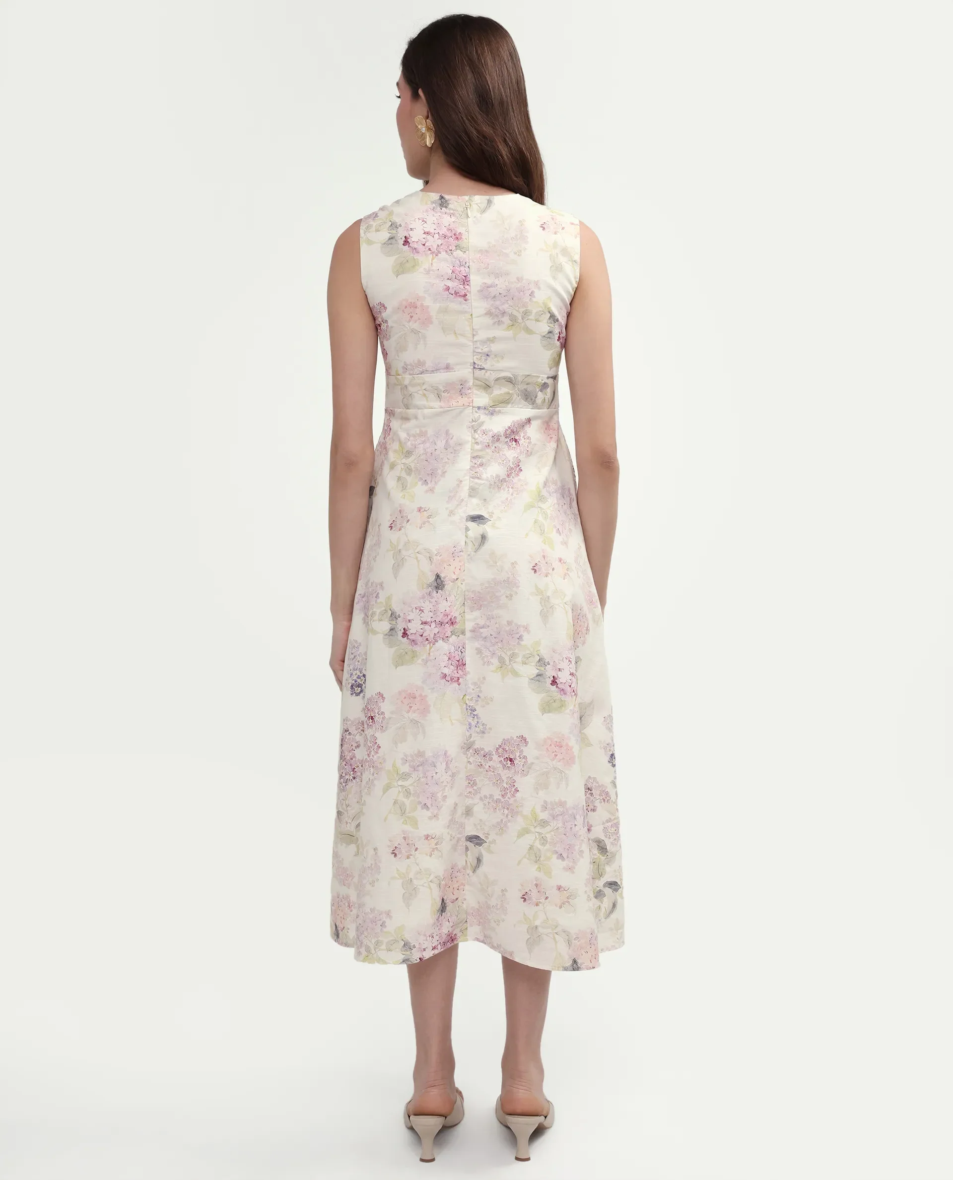 Rareism Women's Rugo Light Beige Cotton V-Neck A-Line Floral Print Dress - Image 7