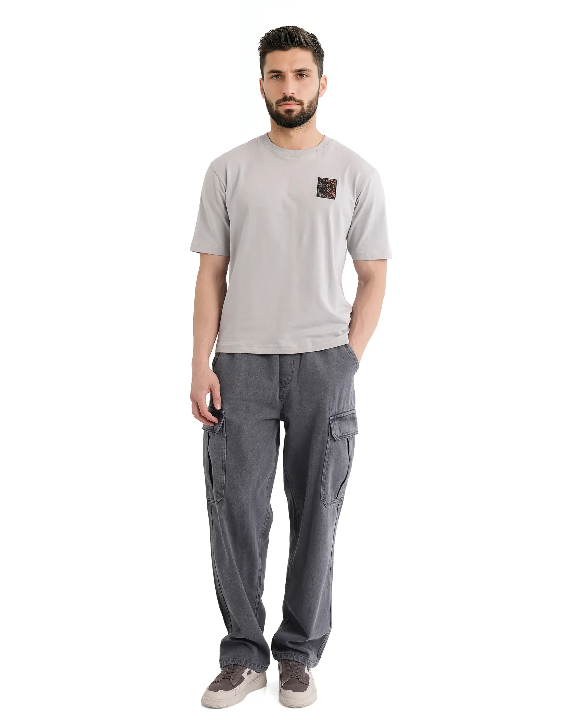 Rare Rabbit Men's Rugy Grey Cotton Graphic Print Qlo Fit Half Sleeve Crew Neck T-Shirt - Image 2