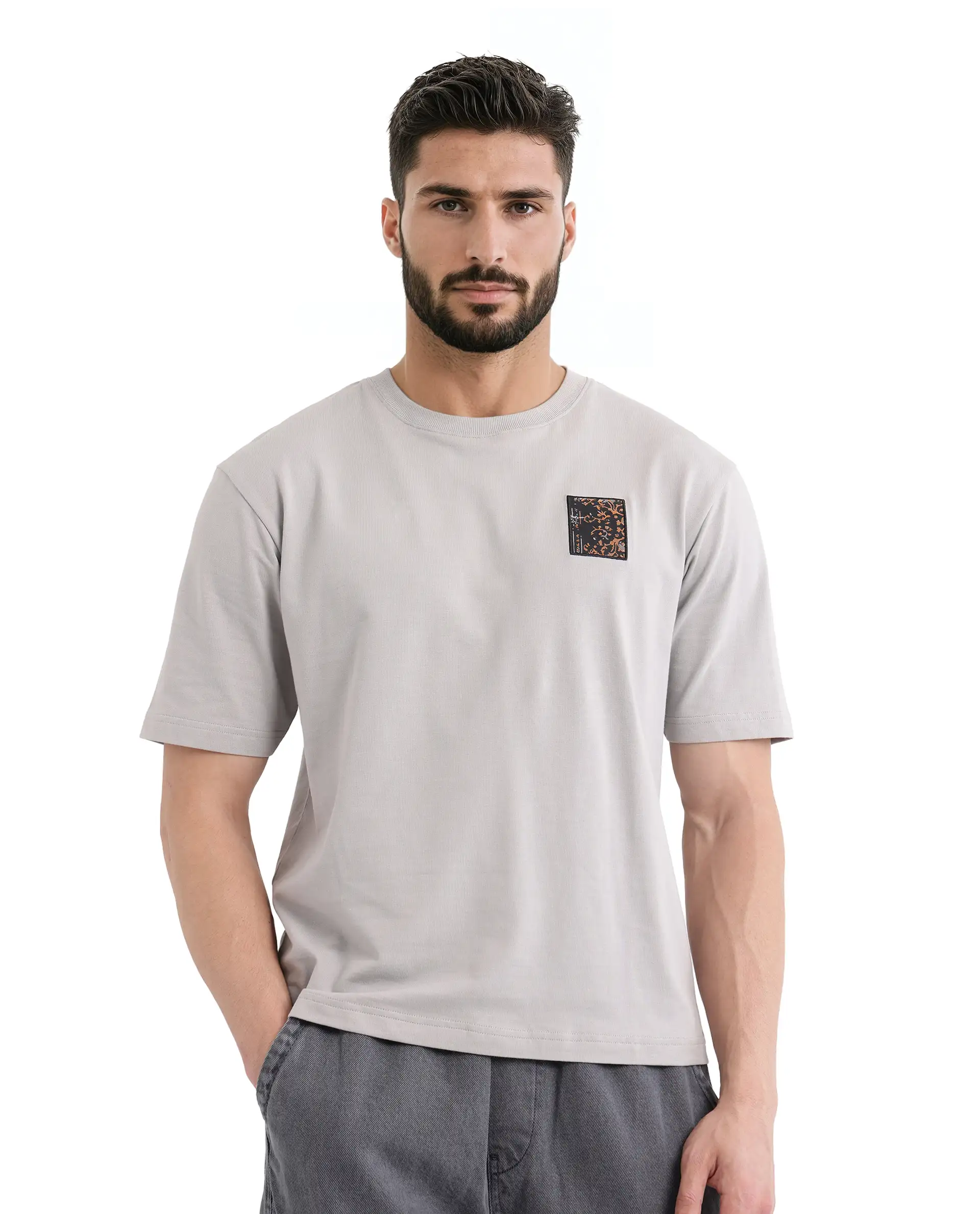 Rare Rabbit Men's Rugy Grey Cotton Graphic Print Qlo Fit Half Sleeve Crew Neck T-Shirt - Image 4