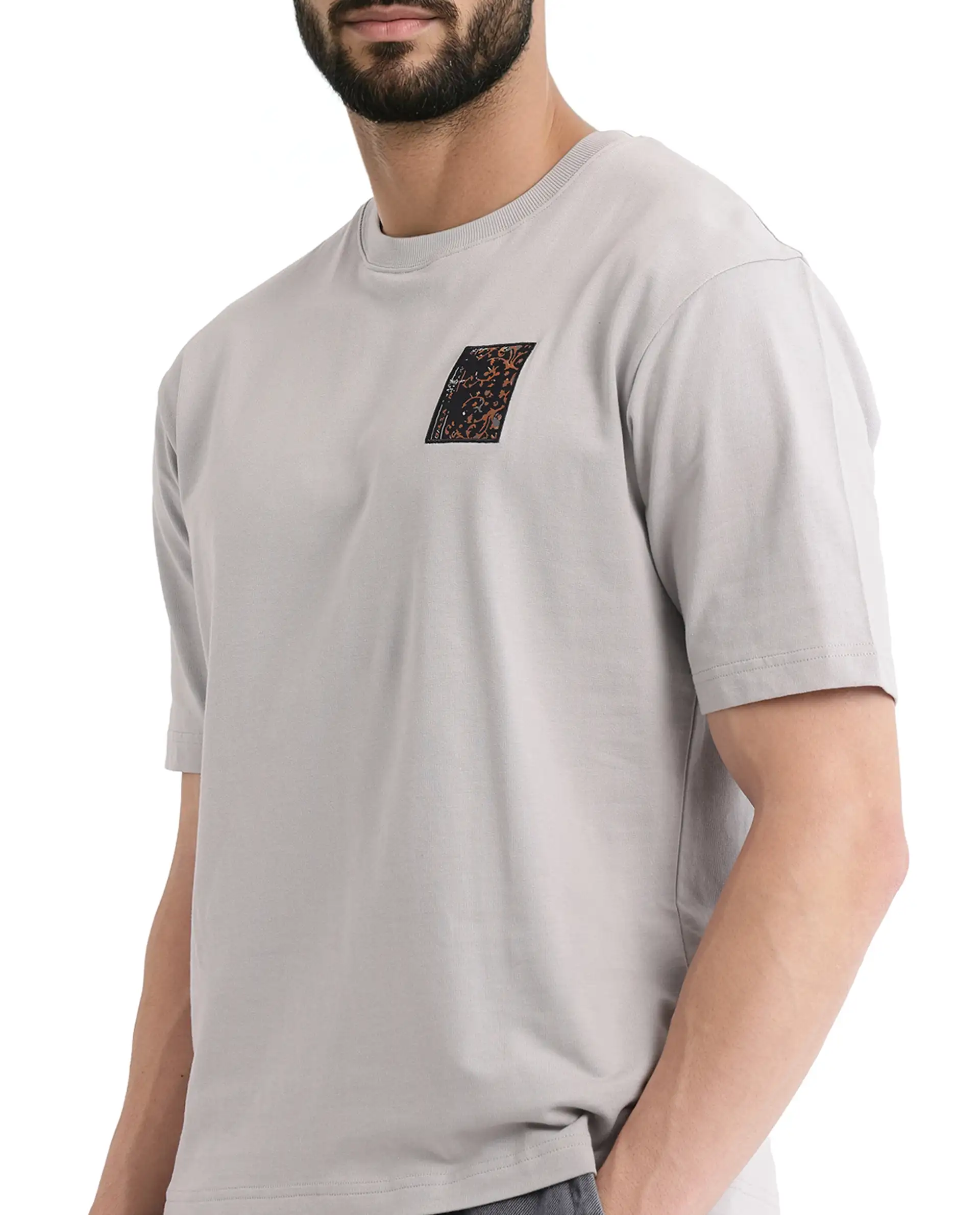 Rare Rabbit Men's Rugy Grey Cotton Graphic Print Qlo Fit Half Sleeve Crew Neck T-Shirt - Image 7