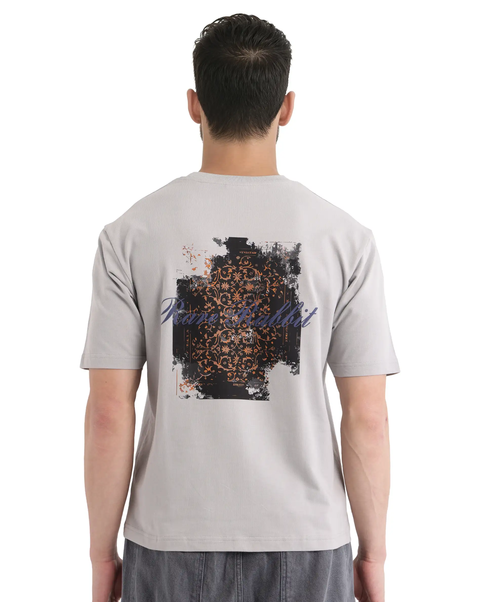 Rare Rabbit Men's Rugy Grey Cotton Graphic Print Qlo Fit Half Sleeve Crew Neck T-Shirt - Image 8