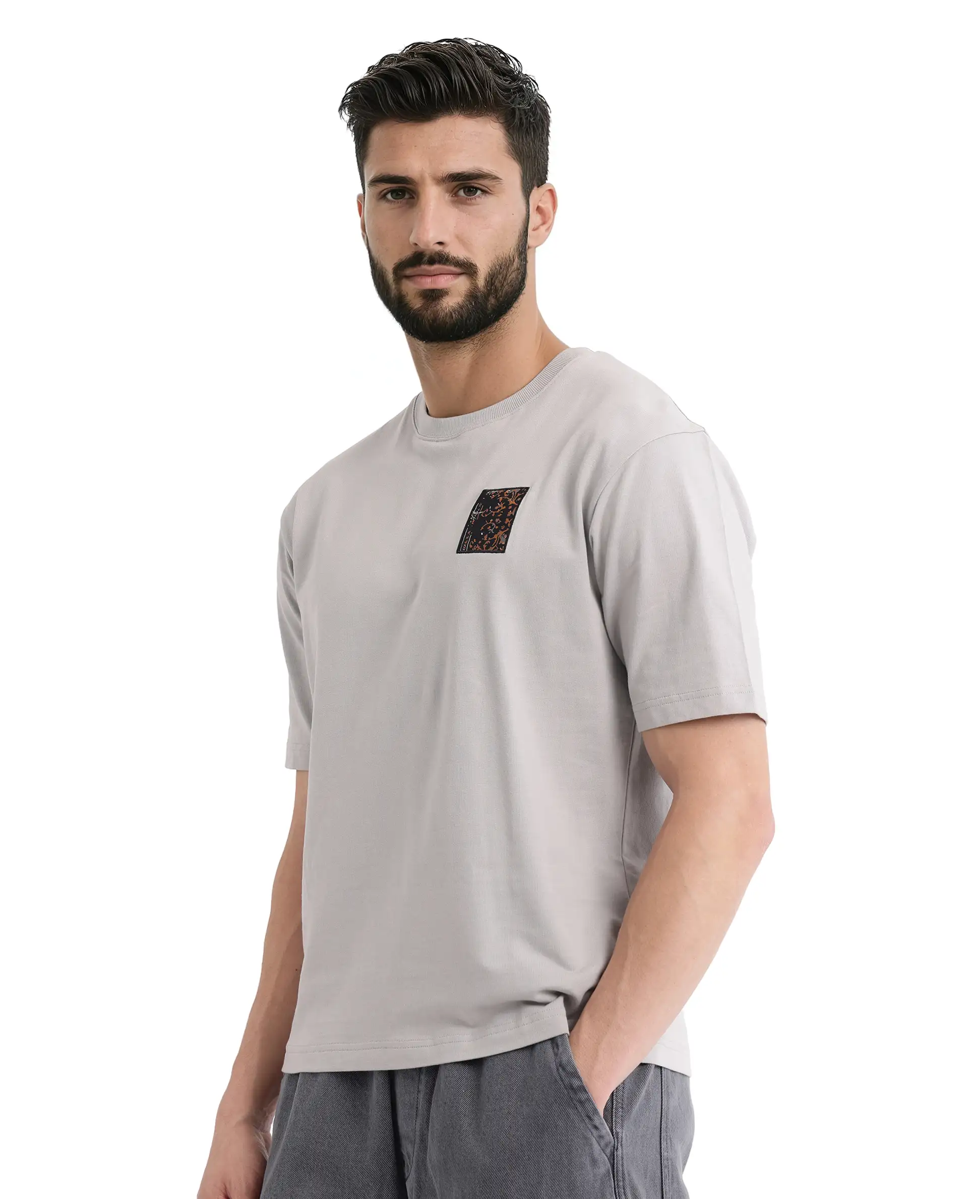 Rare Rabbit Men's Rugy Grey Cotton Graphic Print Qlo Fit Half Sleeve Crew Neck T-Shirt - Image 9
