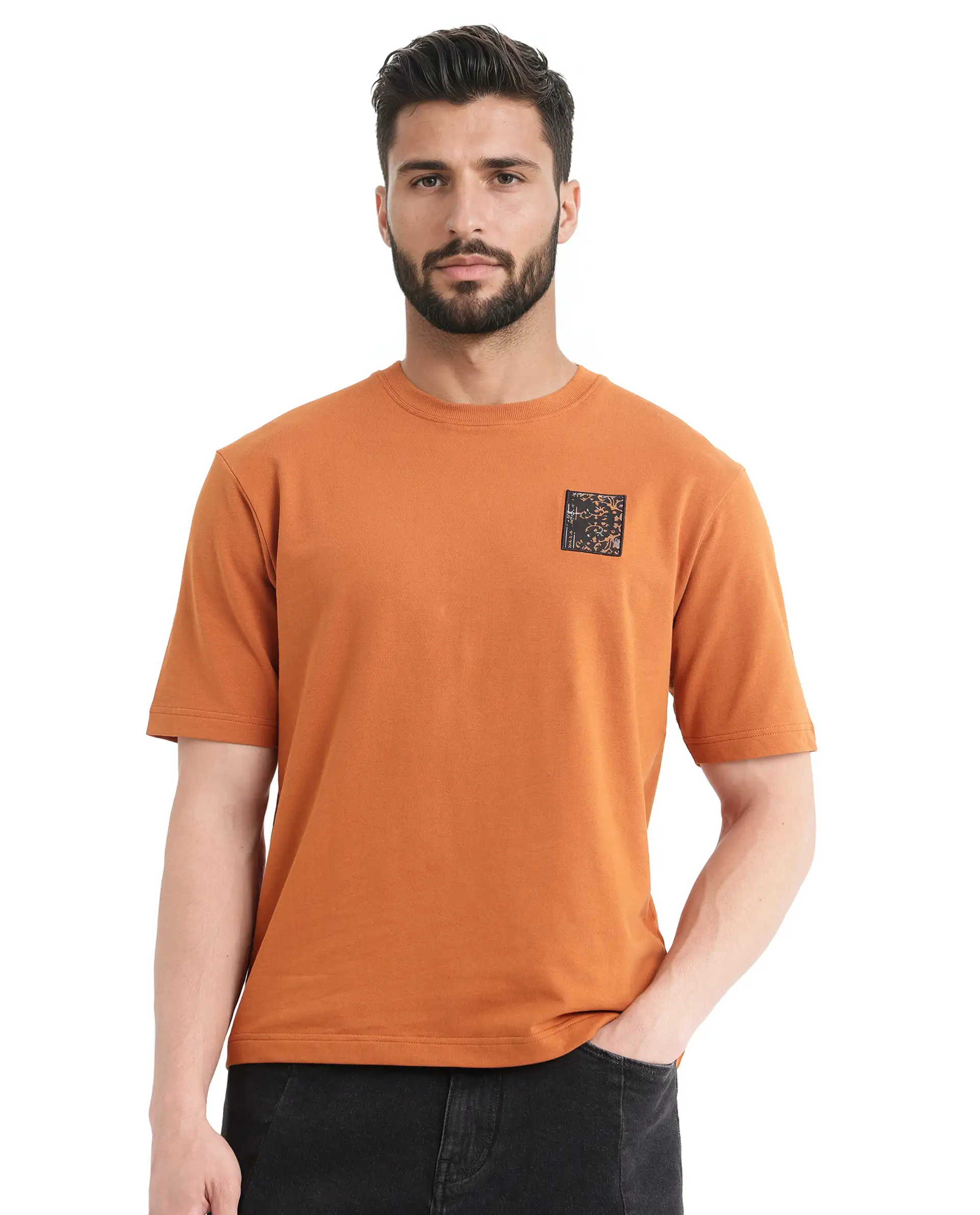 Rare Rabbit Men's Rugy Rust Cotton Graphic Print Qlo Fit Half Sleeve Crew Neck T-Shirt - Image 3