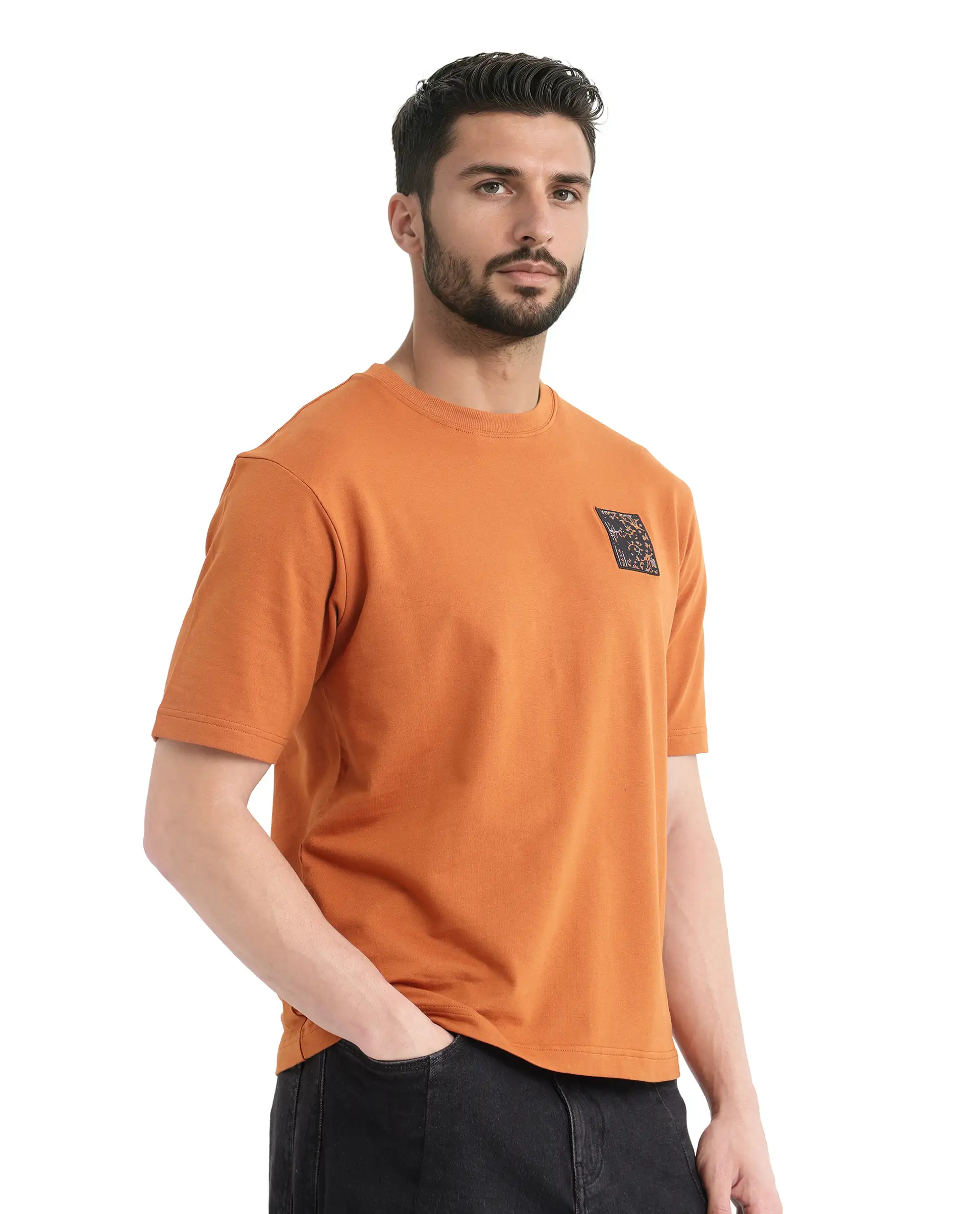Rare Rabbit Men's Rugy Rust Cotton Graphic Print Qlo Fit Half Sleeve Crew Neck T-Shirt - Image 4