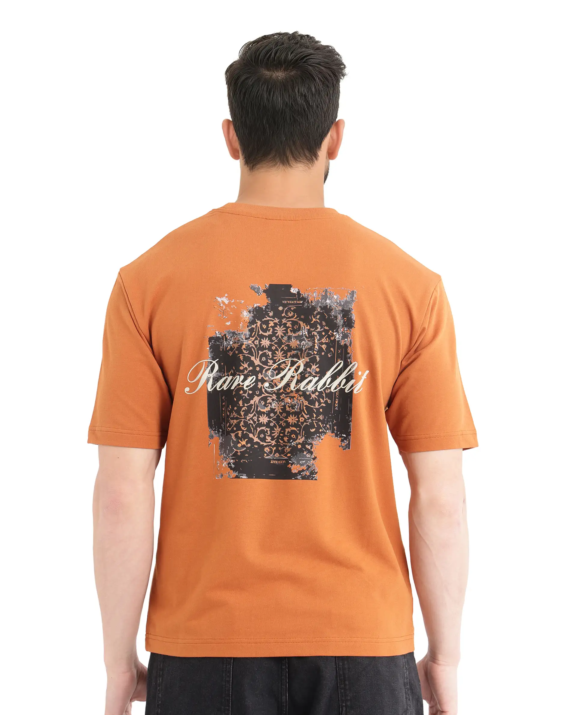 Rare Rabbit Men's Rugy Rust Cotton Graphic Print Qlo Fit Half Sleeve Crew Neck T-Shirt - Image 9