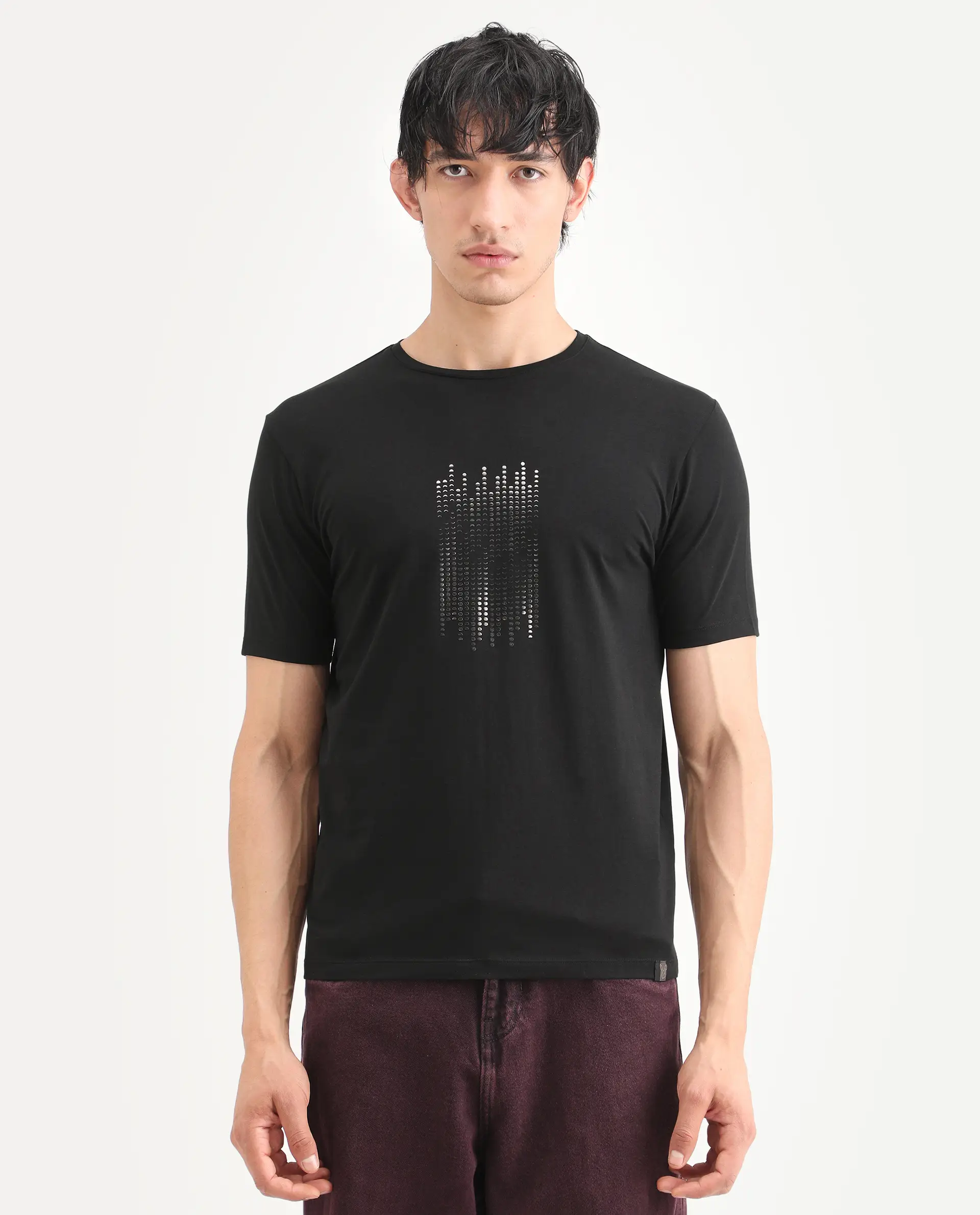 Rare Rabbit Men's Ruho Black Cotton Blend Fabric Half Sleeve Crew Neck Regular Fit Graphic Print T-Shirt - Image 4