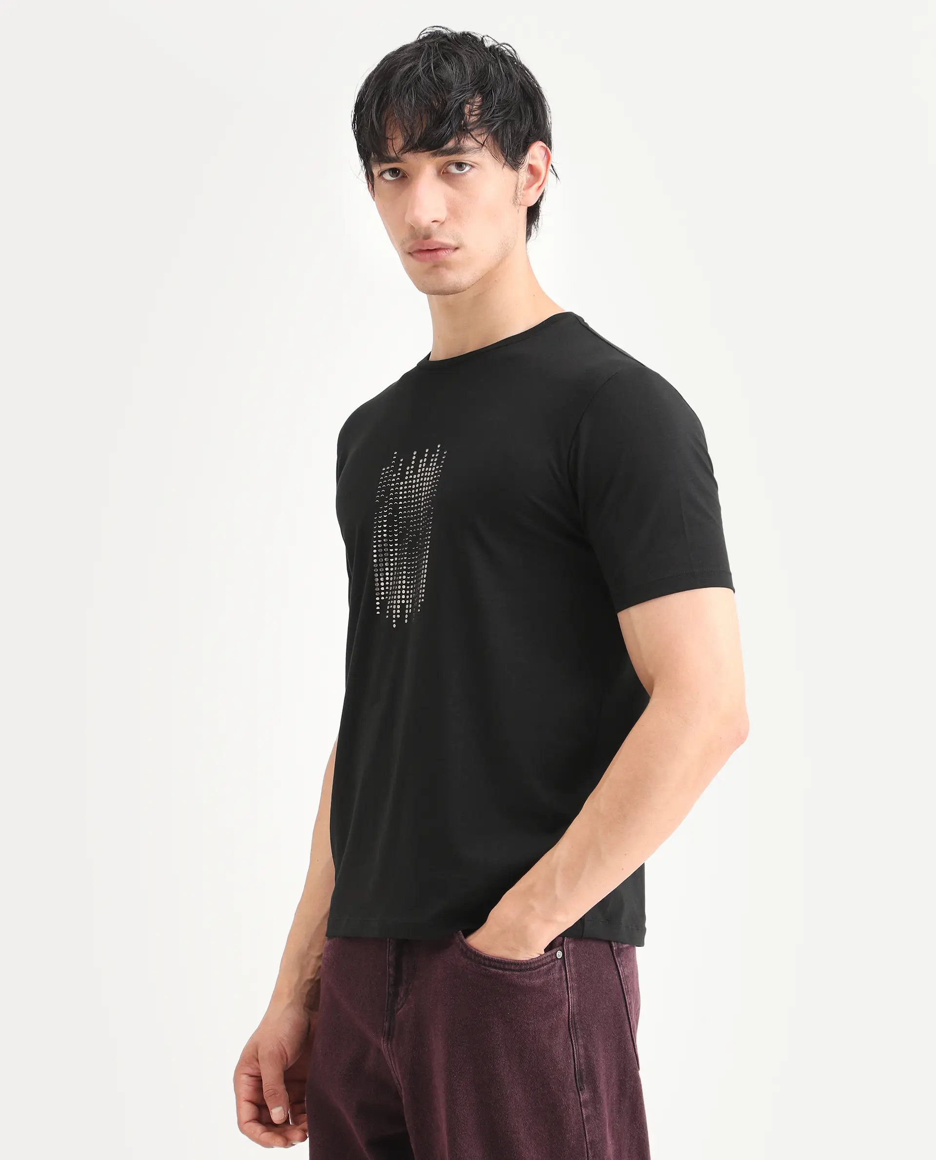Rare Rabbit Men's Ruho Black Cotton Blend Fabric Half Sleeve Crew Neck Regular Fit Graphic Print T-Shirt - Image 5