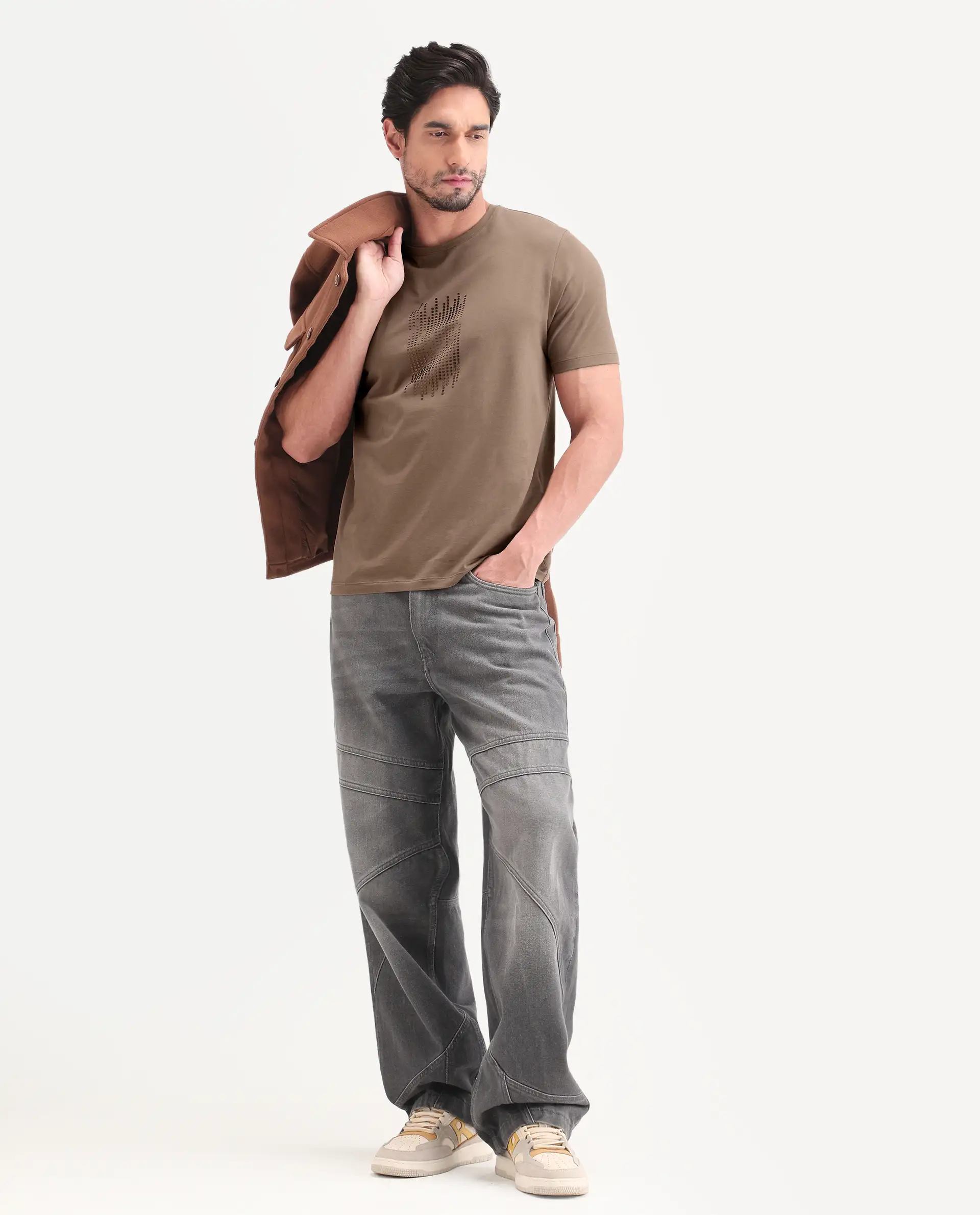 Rare Rabbit Men's Ruho Light Brown Cotton Blend Fabric Half Sleeve Crew Neck Regular Fit Graphic Print T-Shirt - Image 2