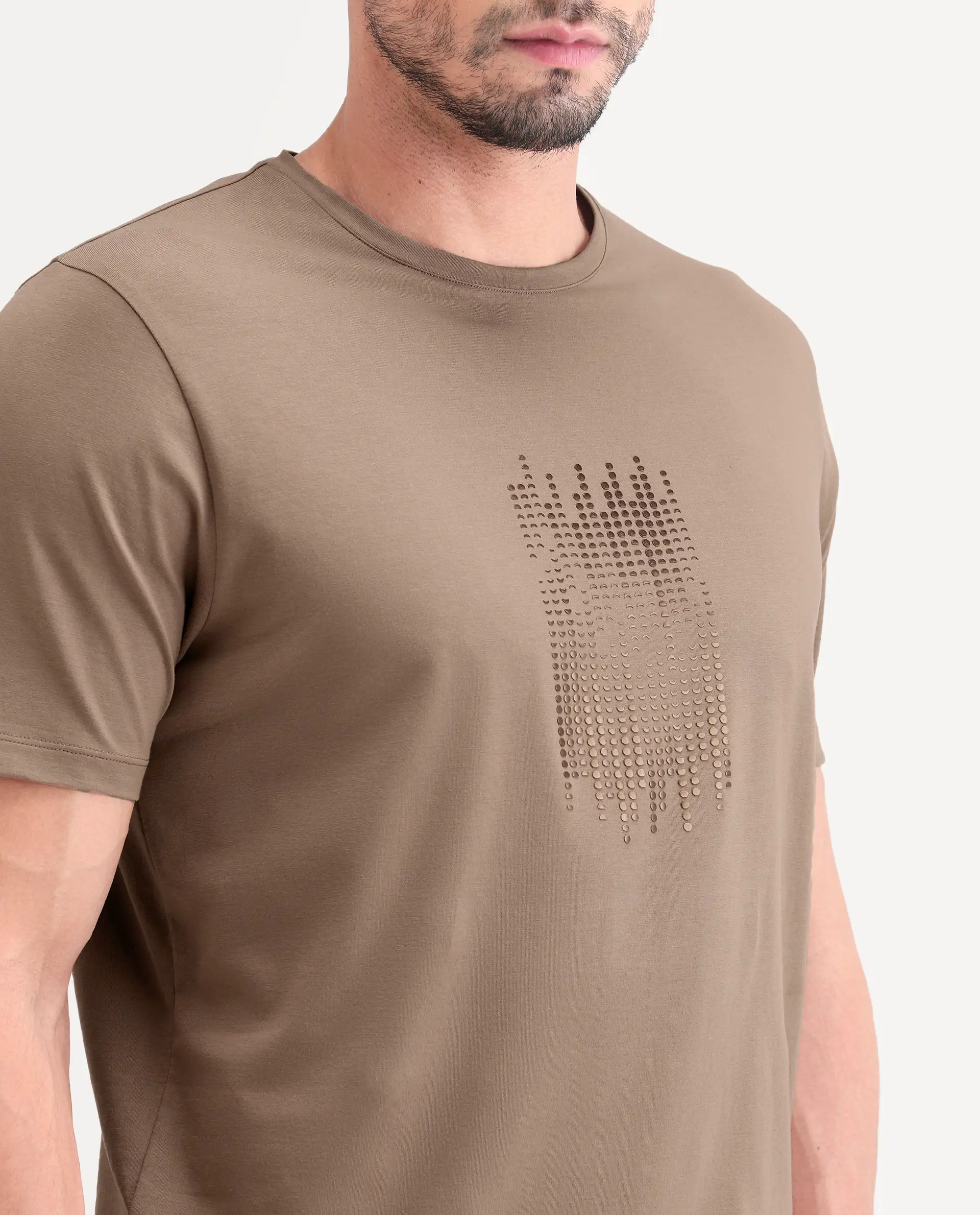Rare Rabbit Men's Ruho Light Brown Cotton Blend Fabric Half Sleeve Crew Neck Regular Fit Graphic Print T-Shirt - Image 3