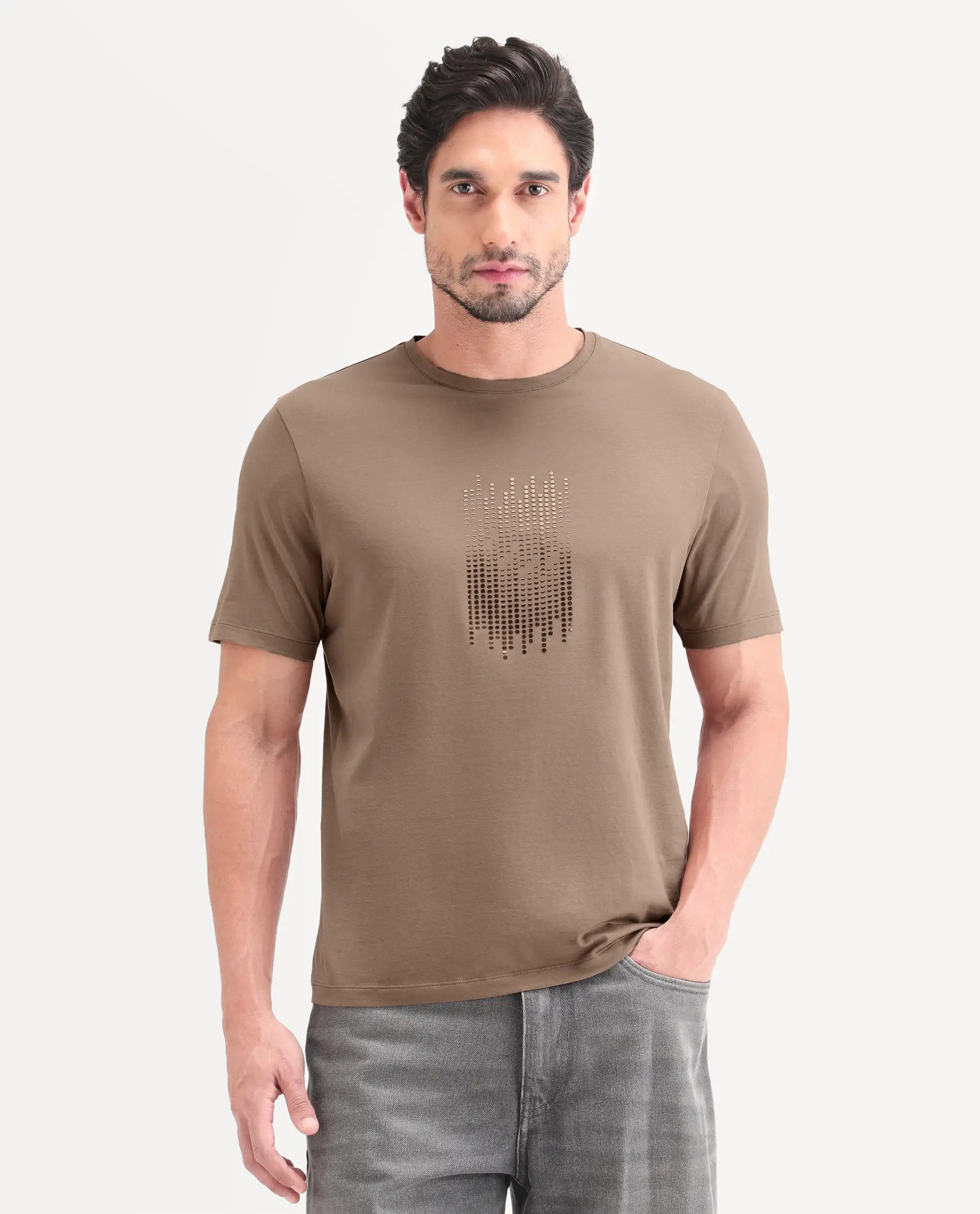 Rare Rabbit Men's Ruho Light Brown Cotton Blend Fabric Half Sleeve Crew Neck Regular Fit Graphic Print T-Shirt - Image 4