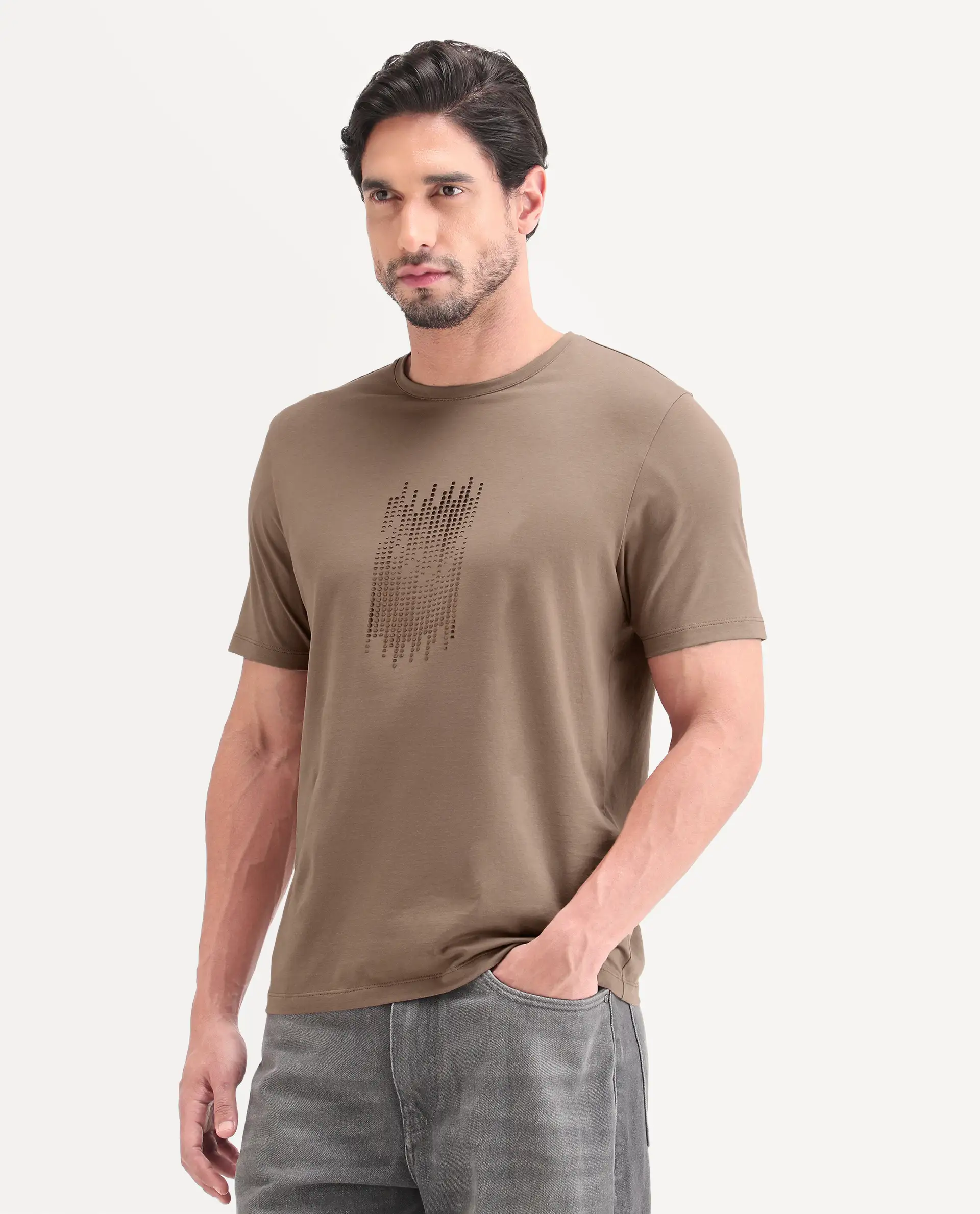 Rare Rabbit Men's Ruho Light Brown Cotton Blend Fabric Half Sleeve Crew Neck Regular Fit Graphic Print T-Shirt - Image 5