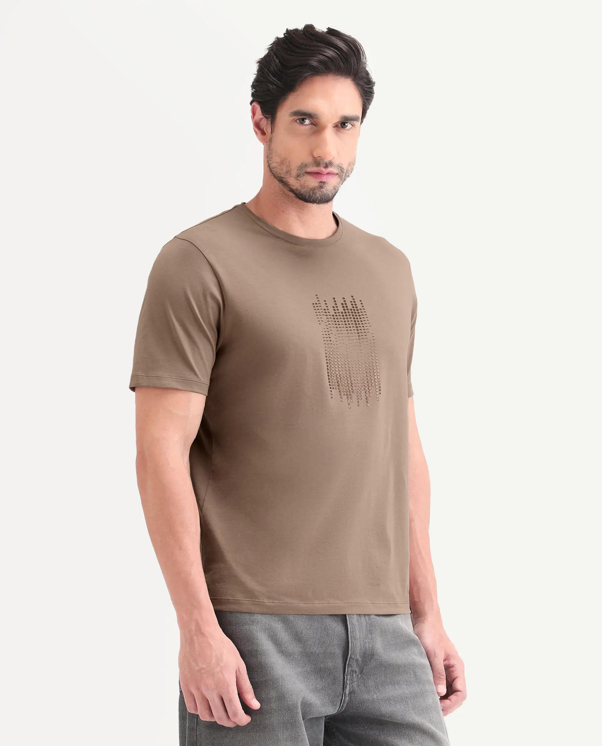 Rare Rabbit Men's Ruho Light Brown Cotton Blend Fabric Half Sleeve Crew Neck Regular Fit Graphic Print T-Shirt - Image 6