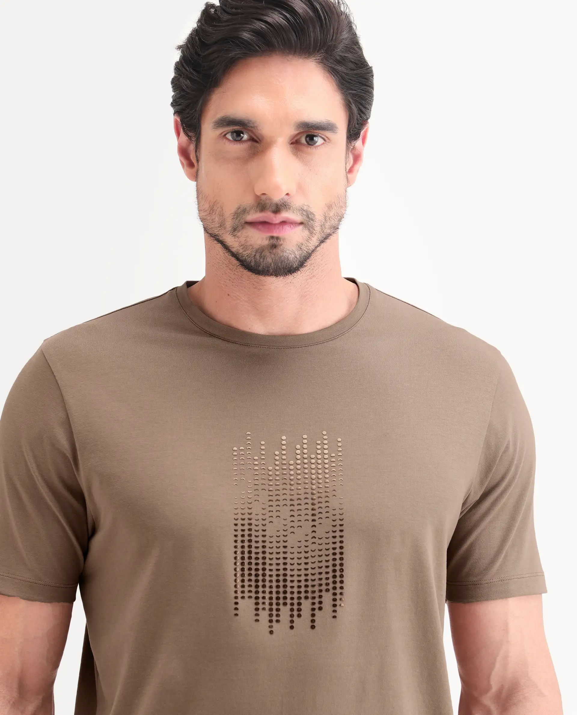Rare Rabbit Men's Ruho Light Brown Cotton Blend Fabric Half Sleeve Crew Neck Regular Fit Graphic Print T-Shirt - Image 7