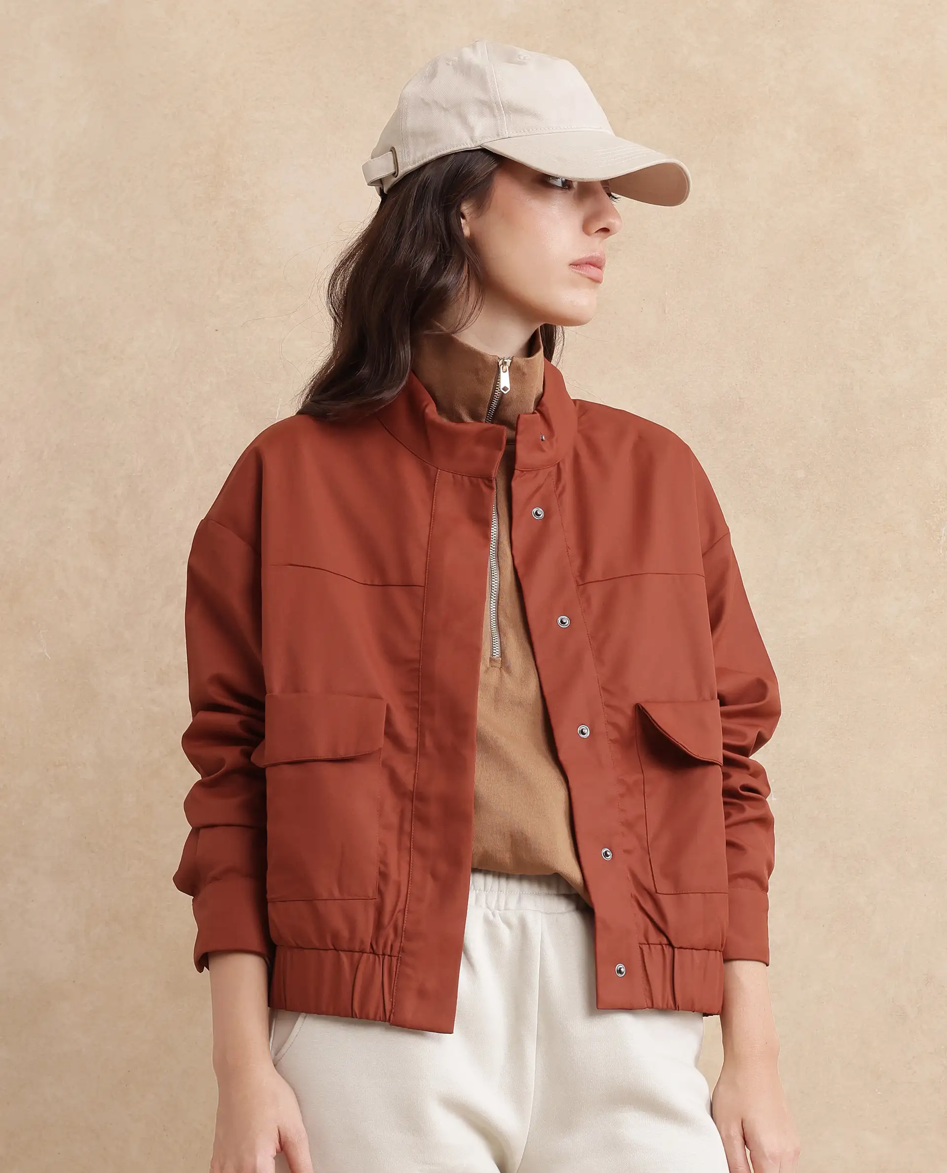 Rareism Women's Rukks Rust Stand Collar Plain Cuffed Sleeve Boxy Fit Jacket