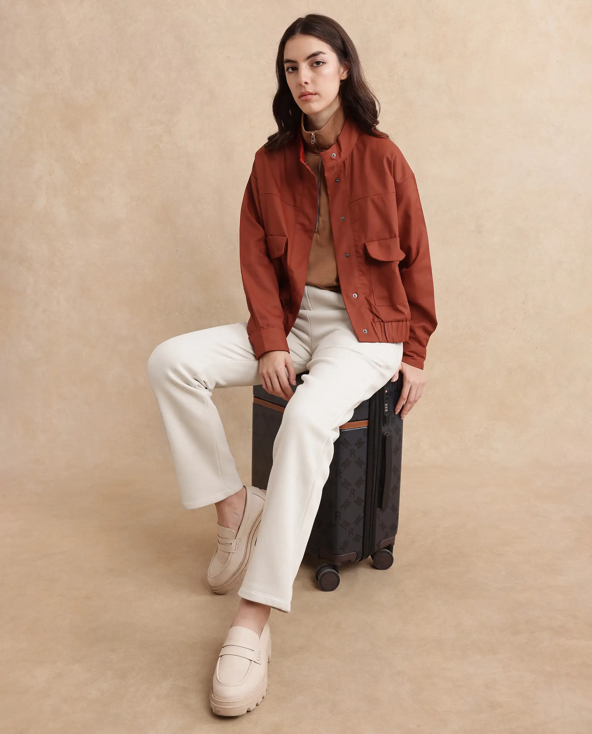 Rareism Women's Rukks Rust Stand Collar Plain Cuffed Sleeve Boxy Fit Jacket - Image 11