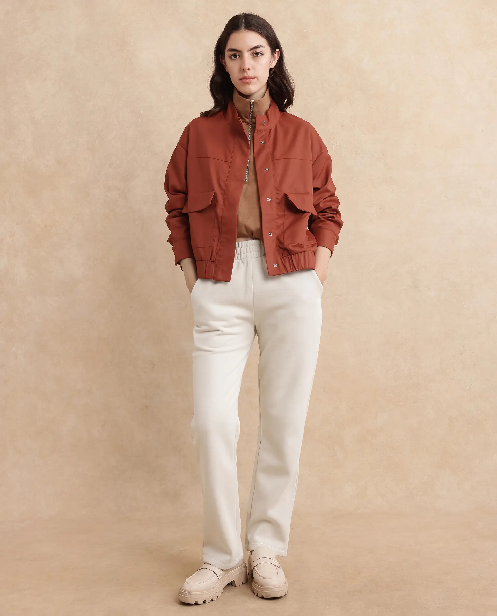 Rareism Women's Rukks Rust Stand Collar Plain Cuffed Sleeve Boxy Fit Jacket - Image 12